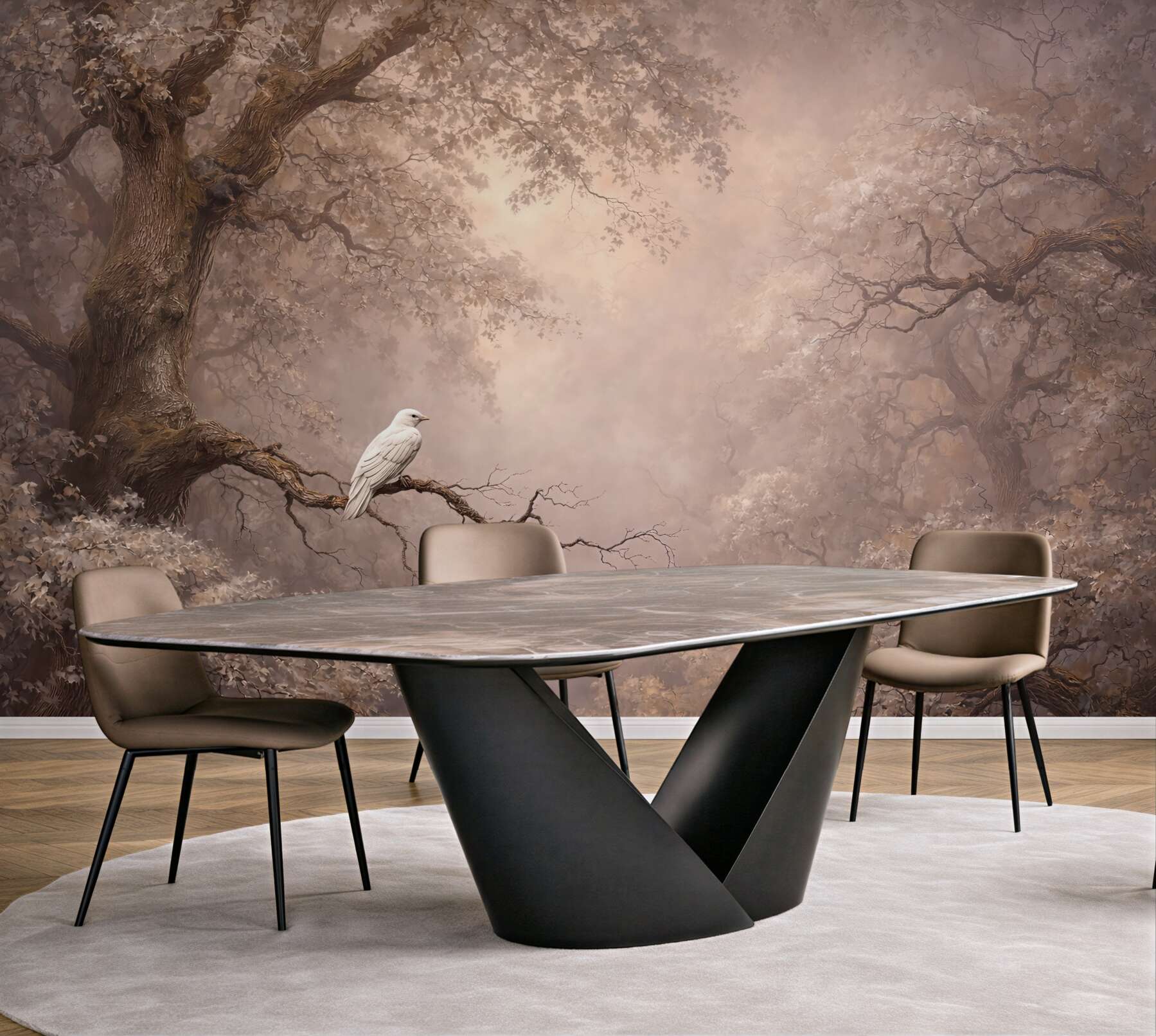 Fototapeta biały ptak w mglistym lesie
