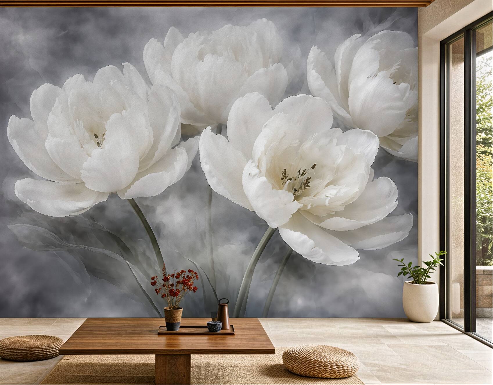 Fototapeta białe tulipany w mgielnej elegancji