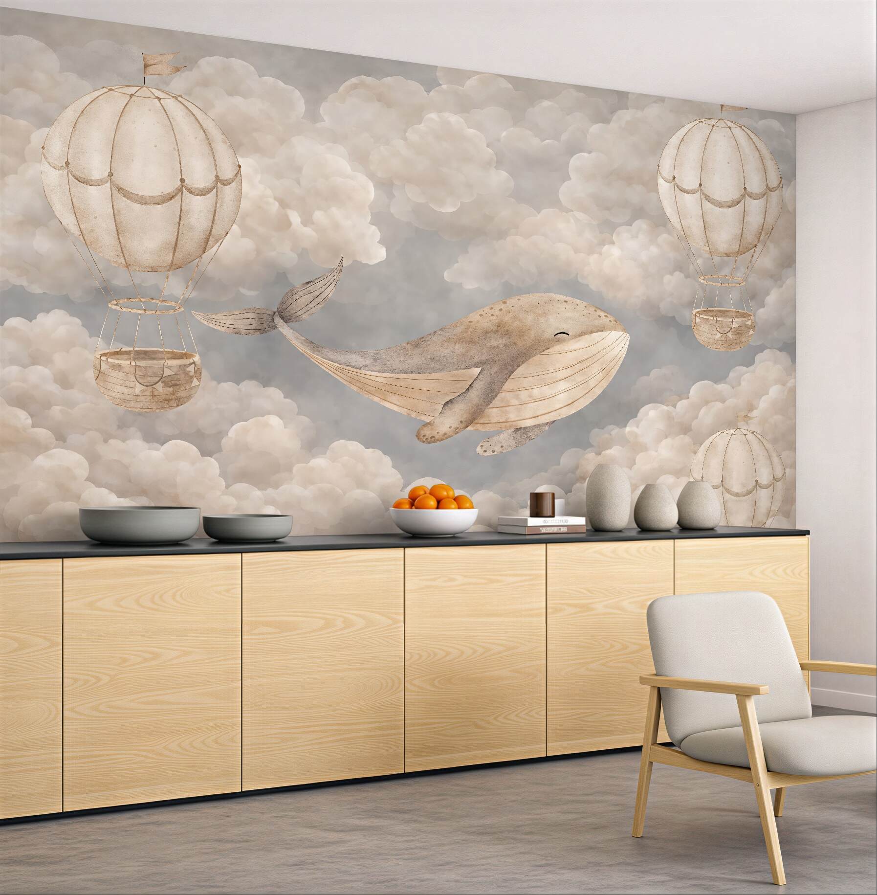 Fototapeta wieloryb w chmurach i balonach