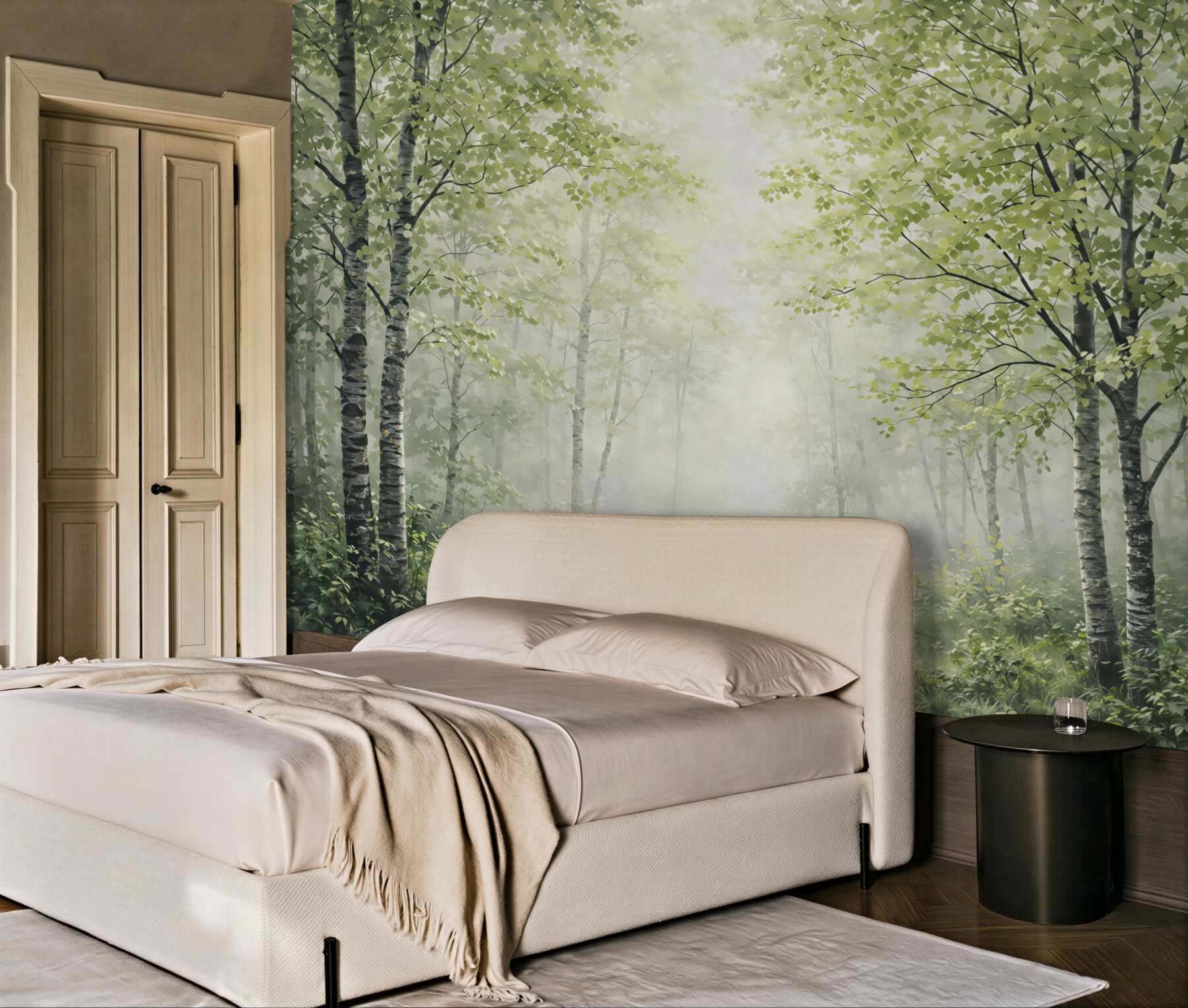 Fototapeta leśna mgła w brzozowym gaju