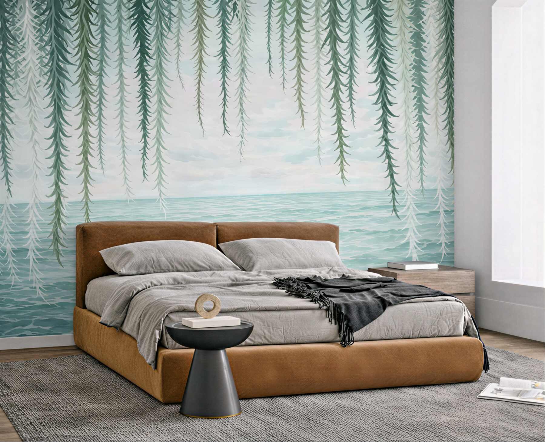 Fototapeta turkusowe wybrzeże pod zwiewnymi liśćmi