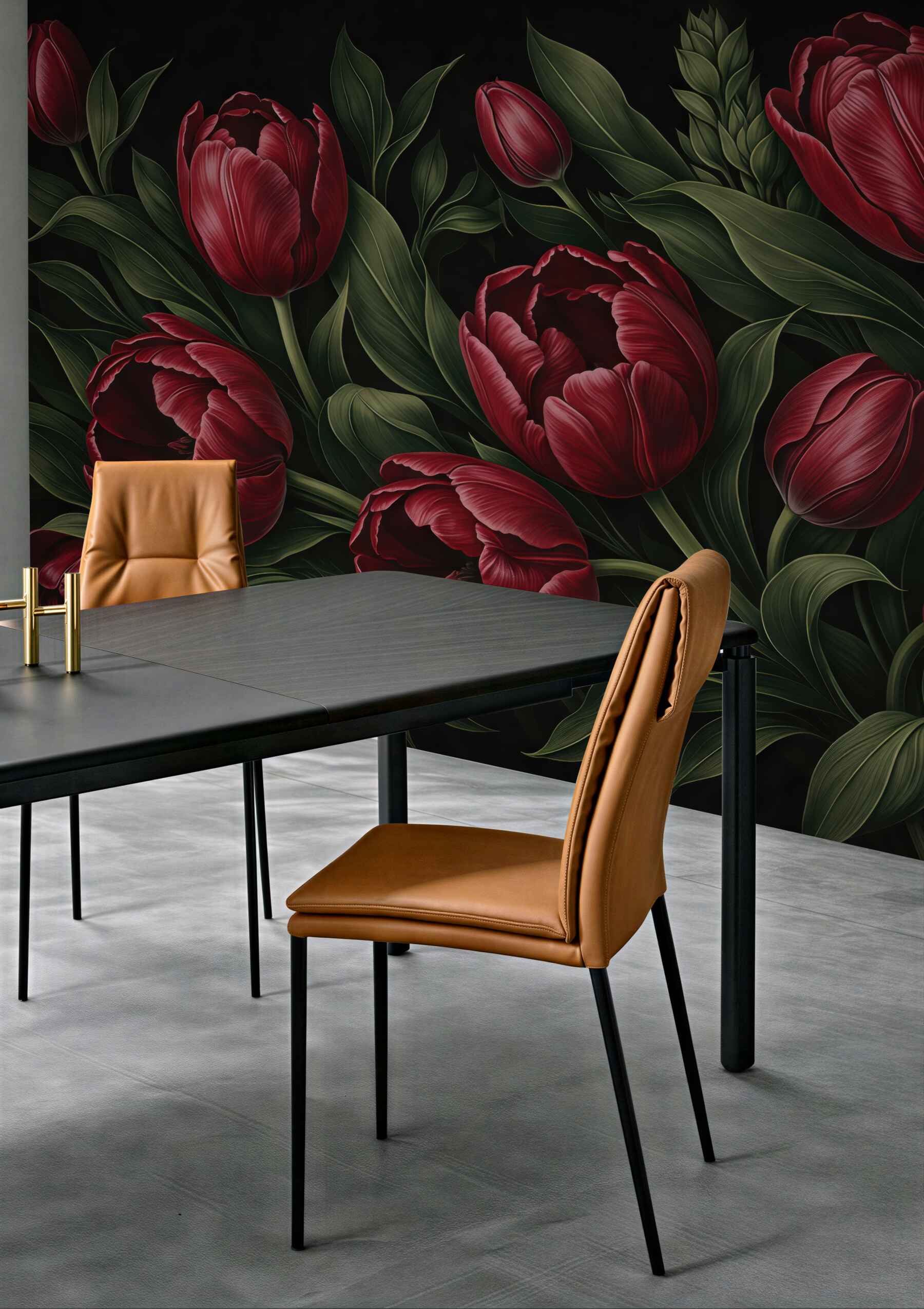 Fototapeta bordowe tulipany na czarnym tle
