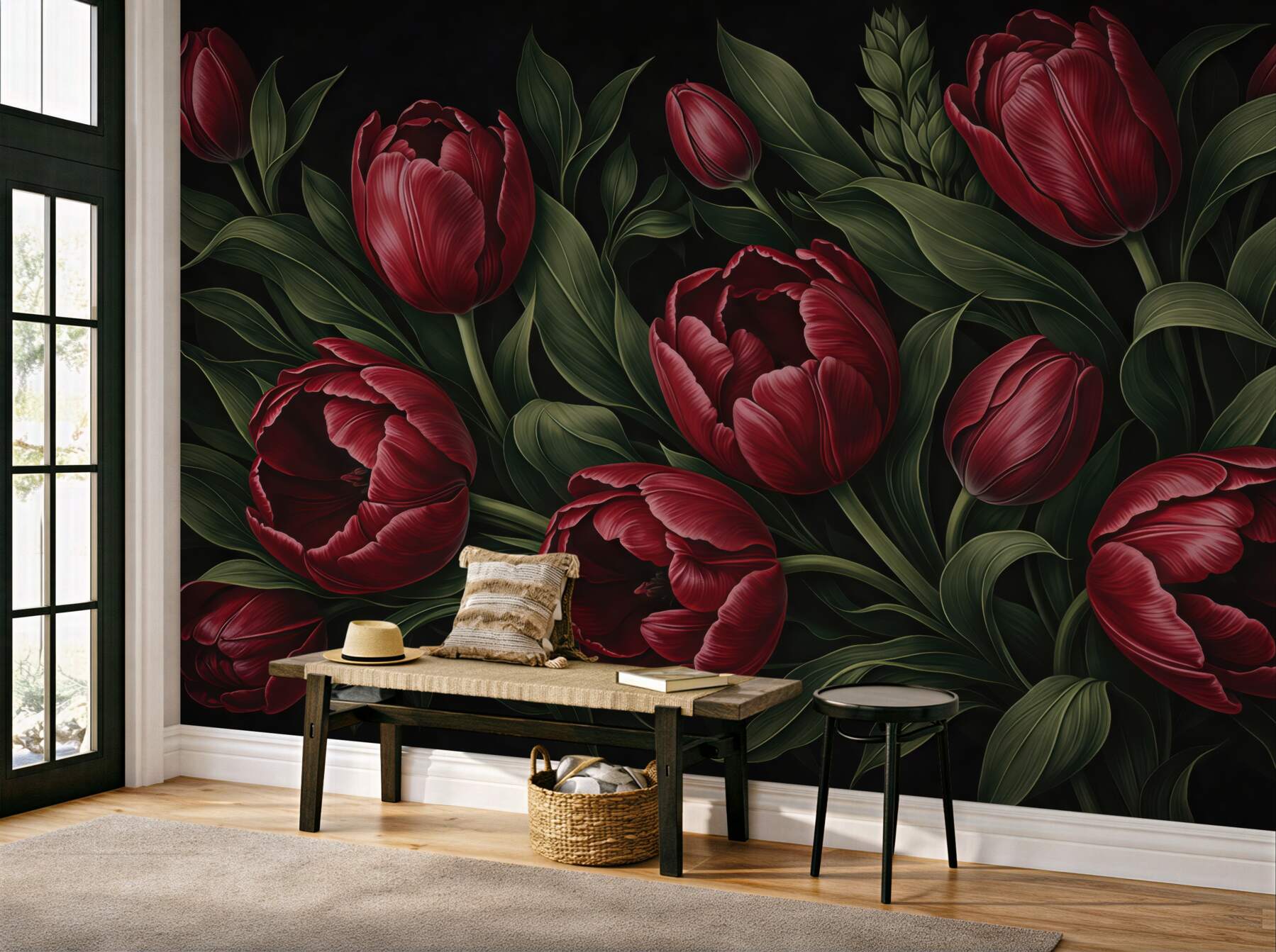 Fototapeta bordowe tulipany na czarnym tle