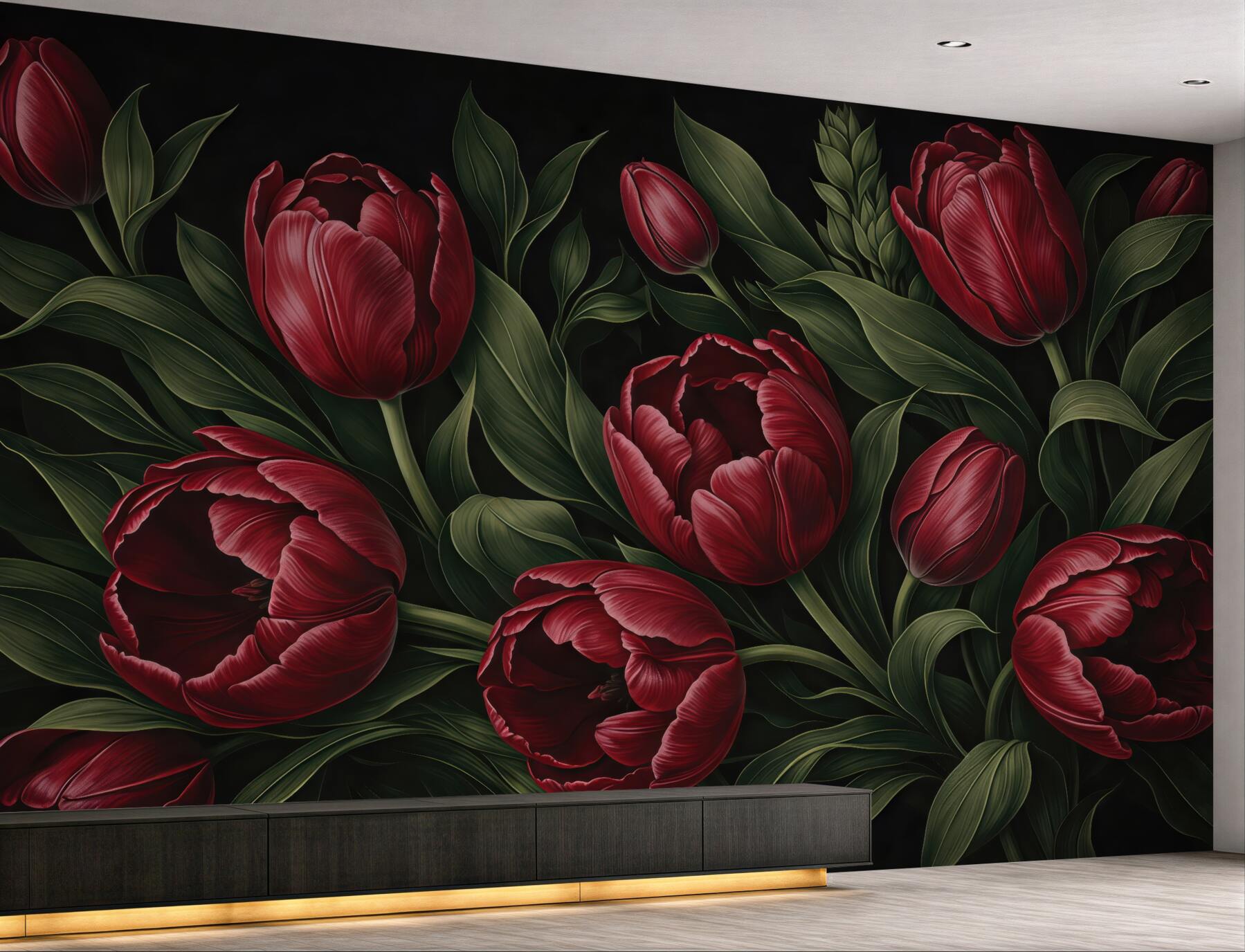Fototapeta bordowe tulipany na czarnym tle