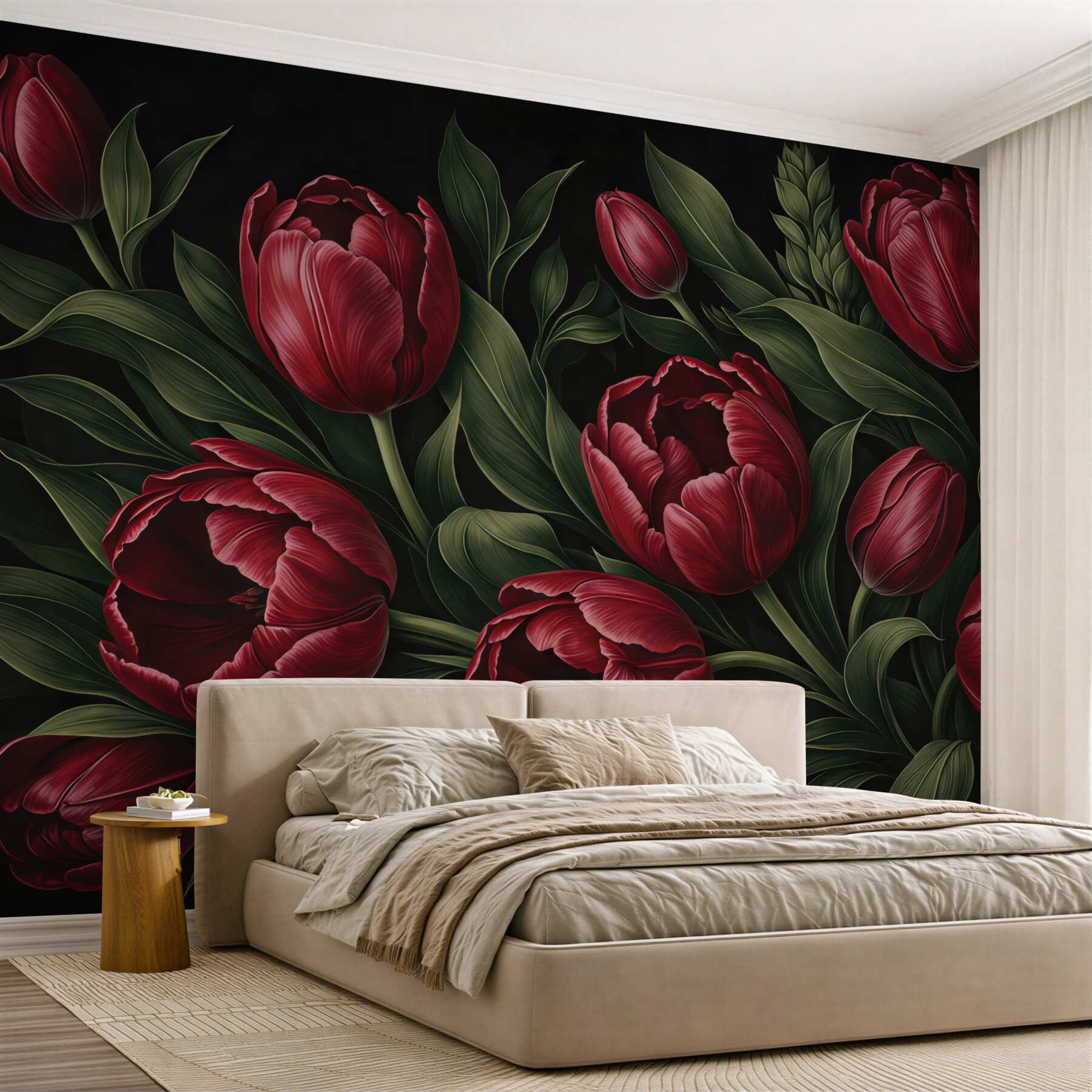 Fototapeta bordowe tulipany na czarnym tle