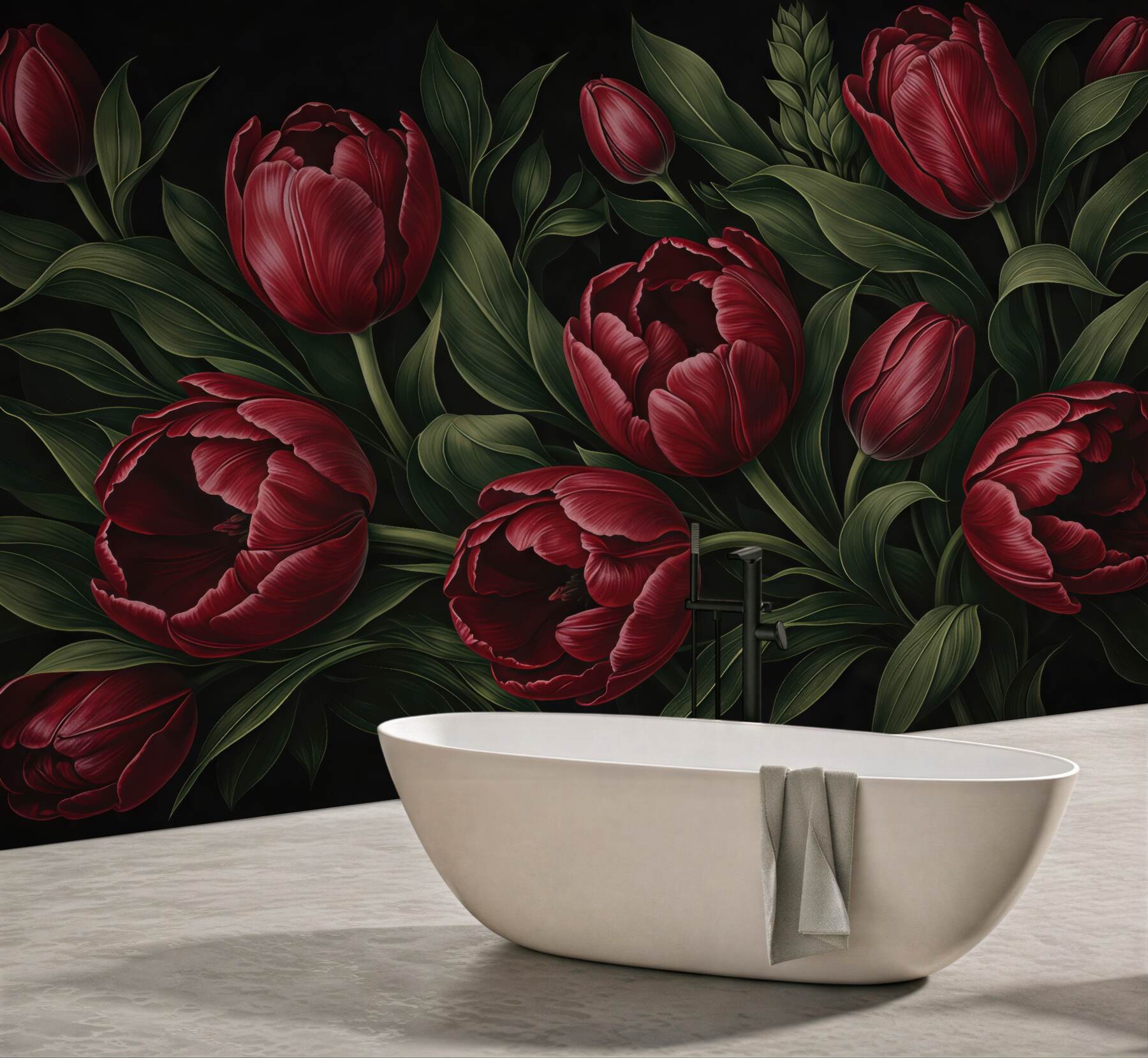 Fototapeta bordowe tulipany na czarnym tle
