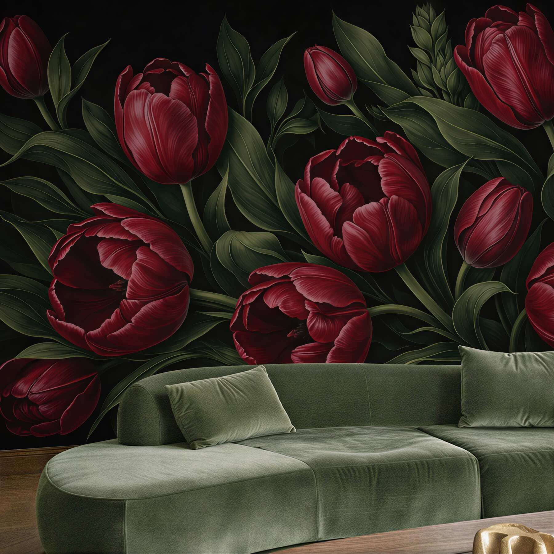 Fototapeta bordowe tulipany na czarnym tle