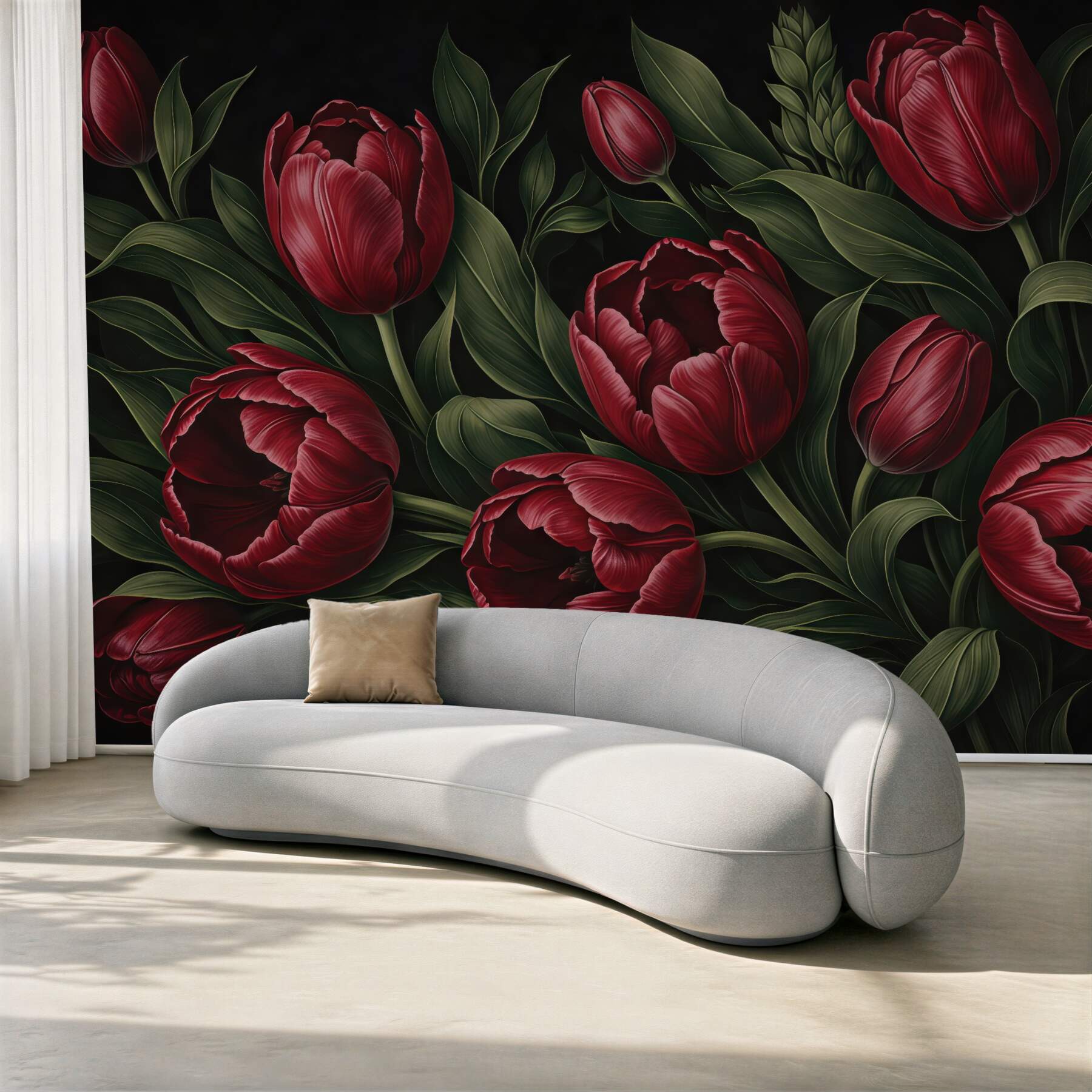 Fototapeta bordowe tulipany na czarnym tle