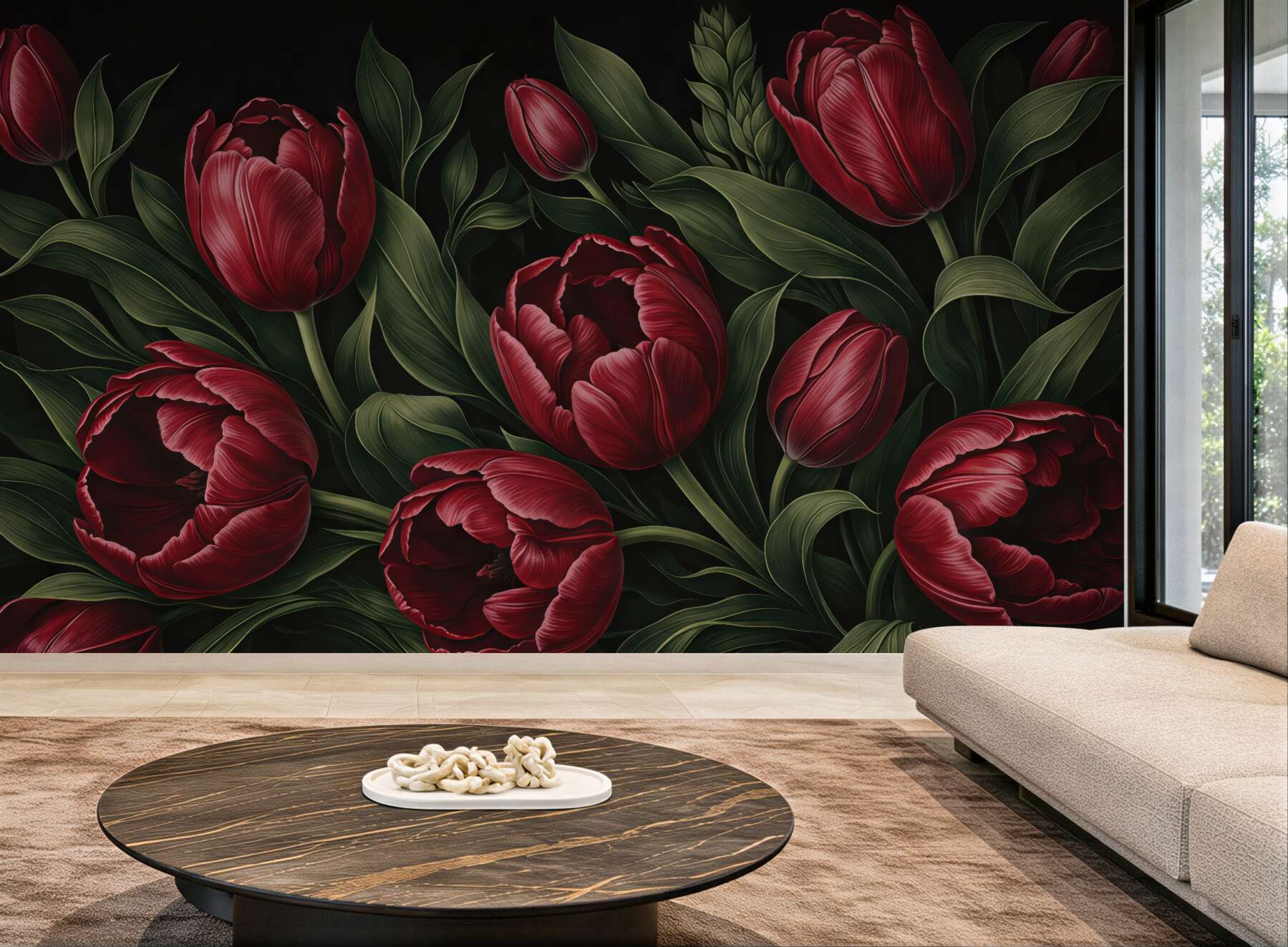Fototapeta bordowe tulipany na czarnym tle