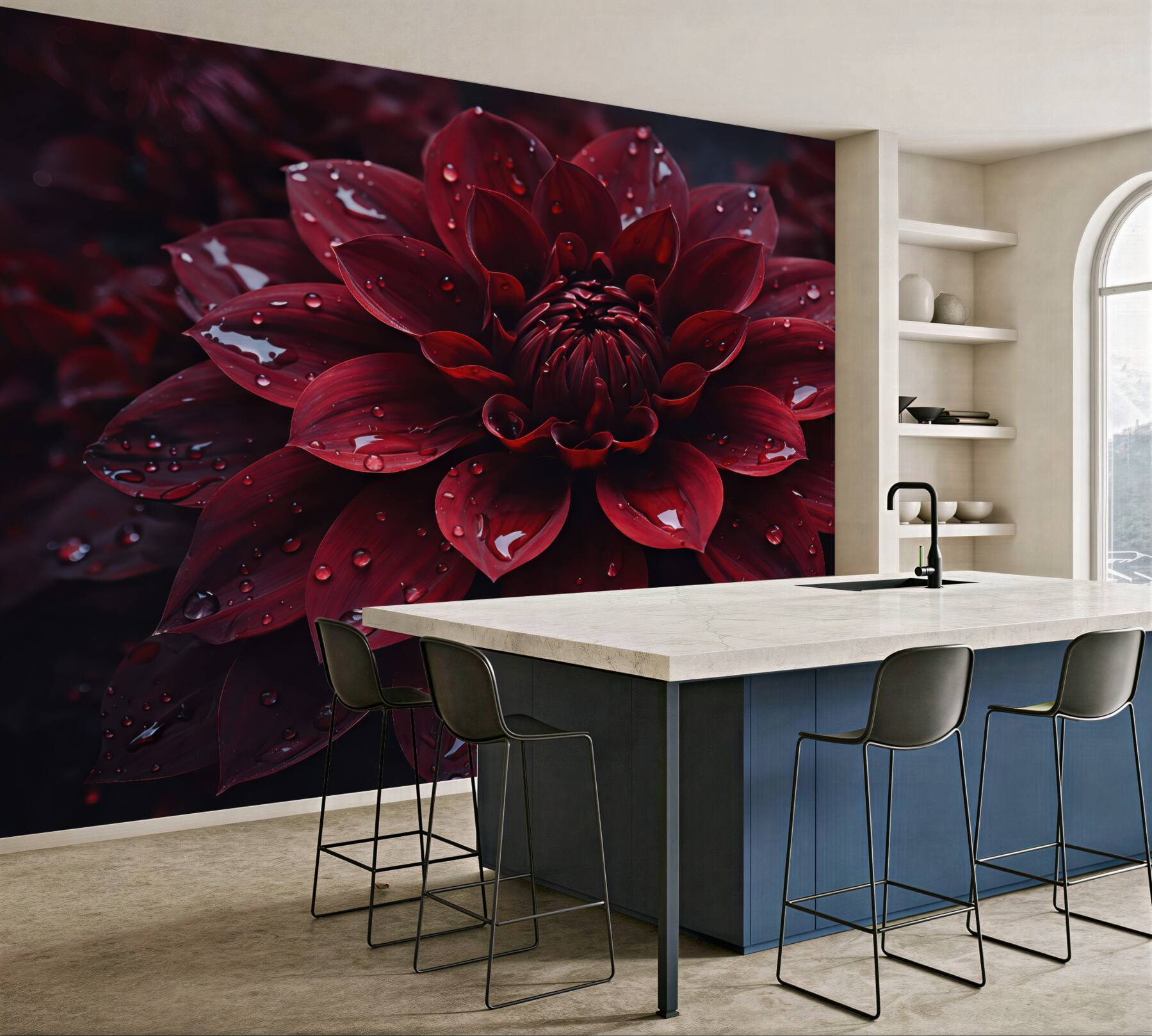Fototapeta rubinowa dalie w kroplach rosy