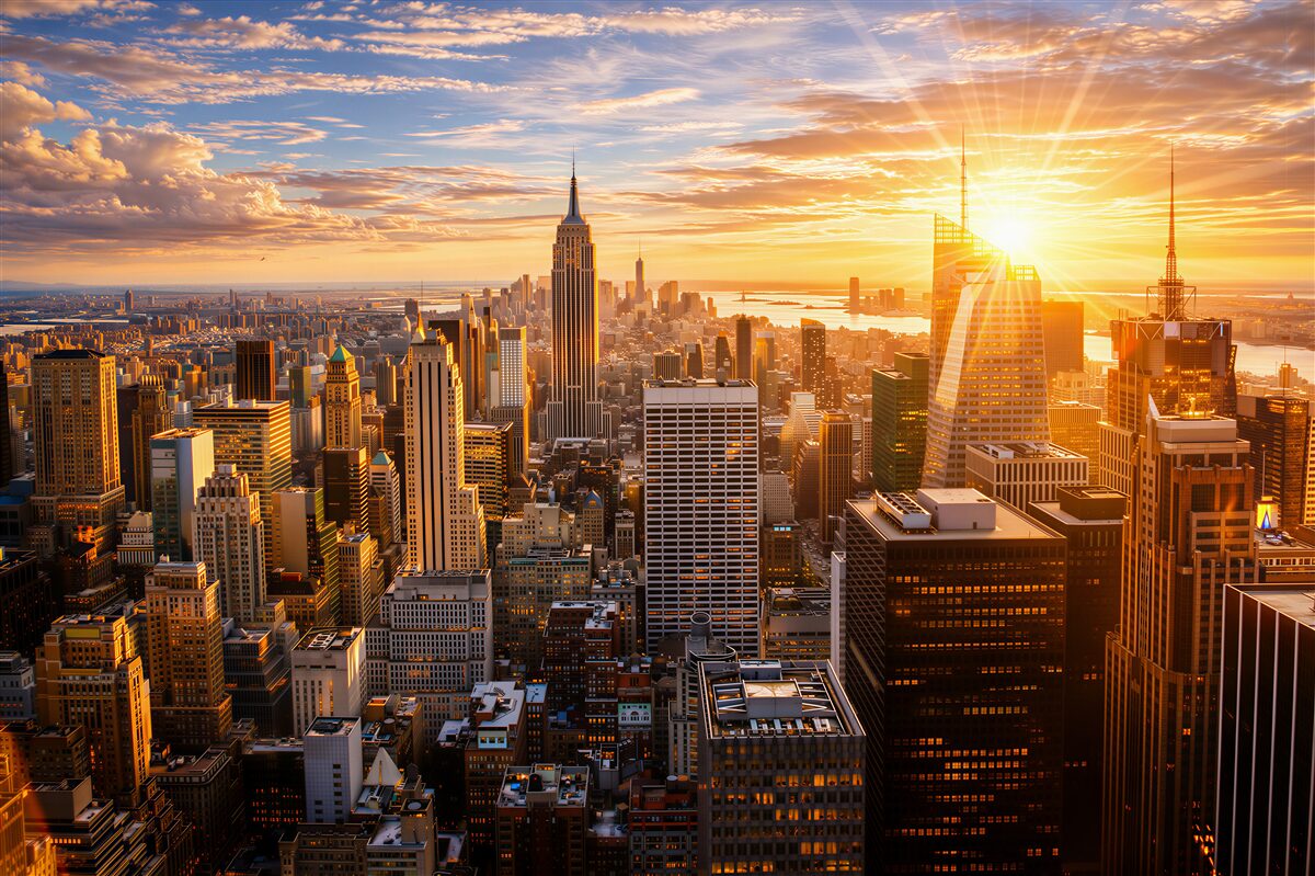 Fototapeta Manhattan o zachodzie słońca złota panorama miasta do salonu