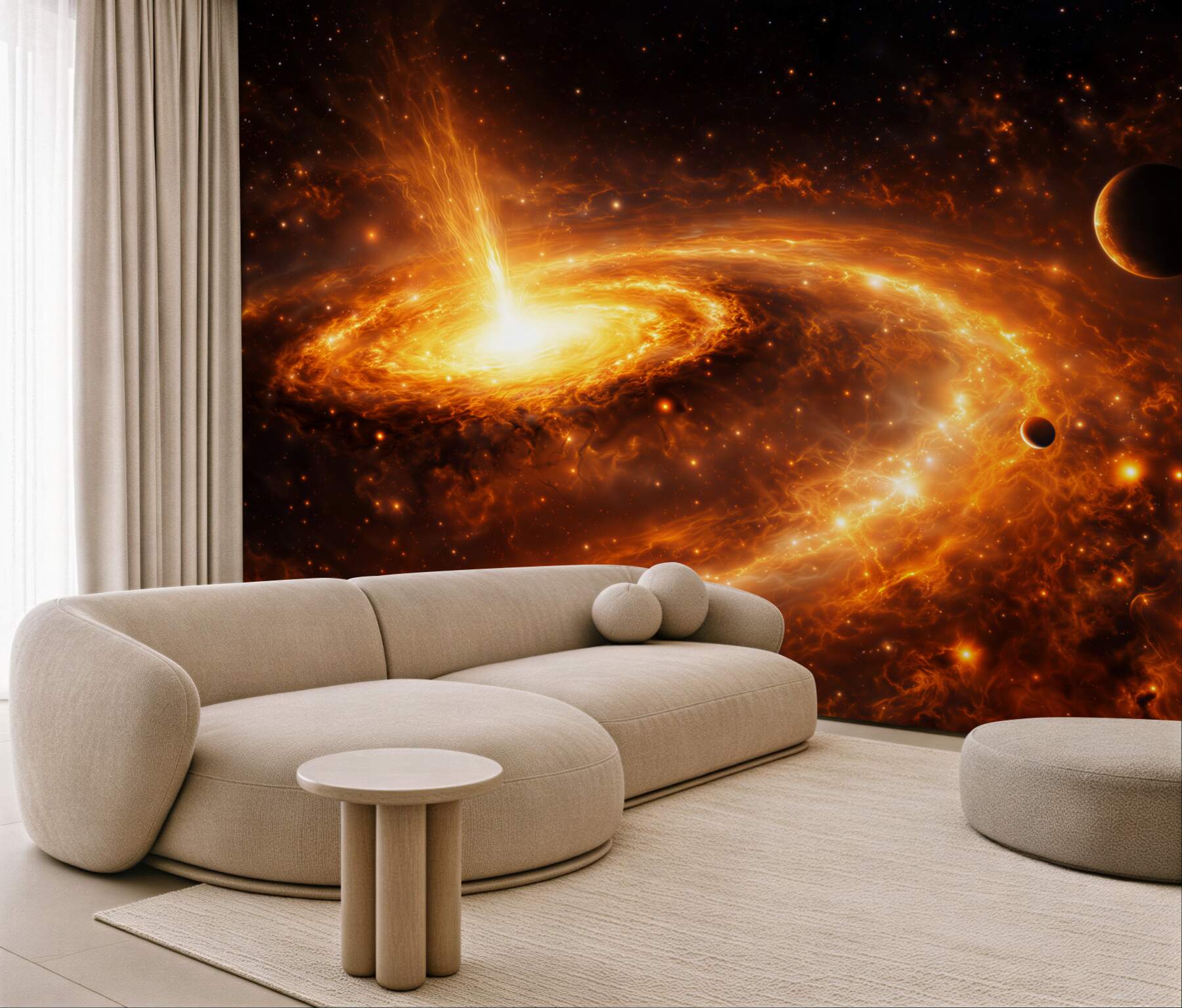 Fototapeta kosmiczna galaktyka z planetami w ognistych złotych barwach