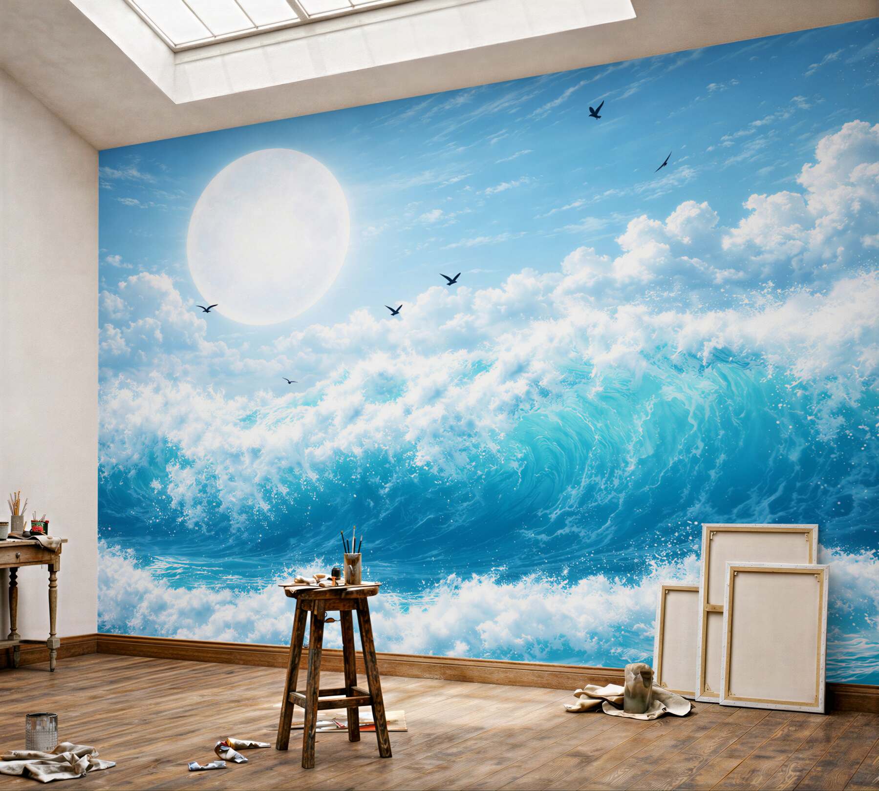 Fototapeta turkusowe fale oceanu z księżycem i ptakami