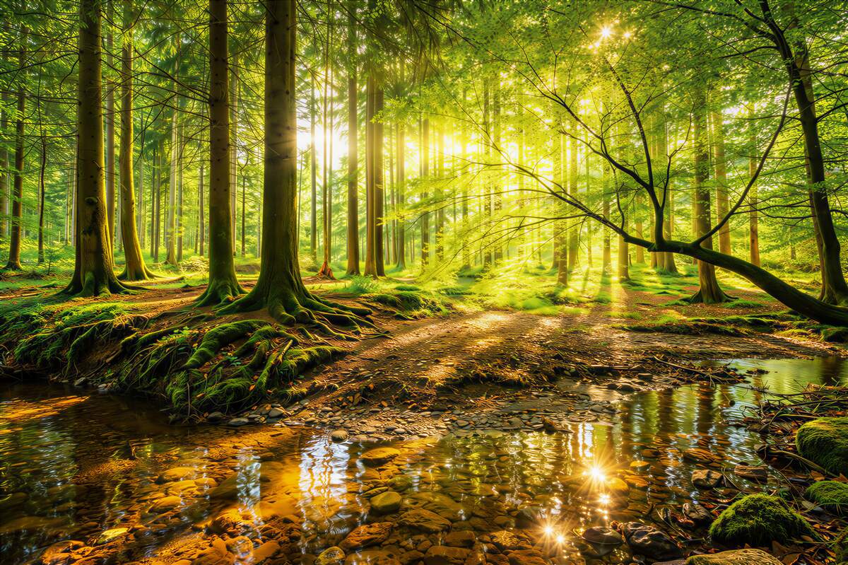 Fototapeta zielony las ze słońcem i strumieniem relaksująca natura