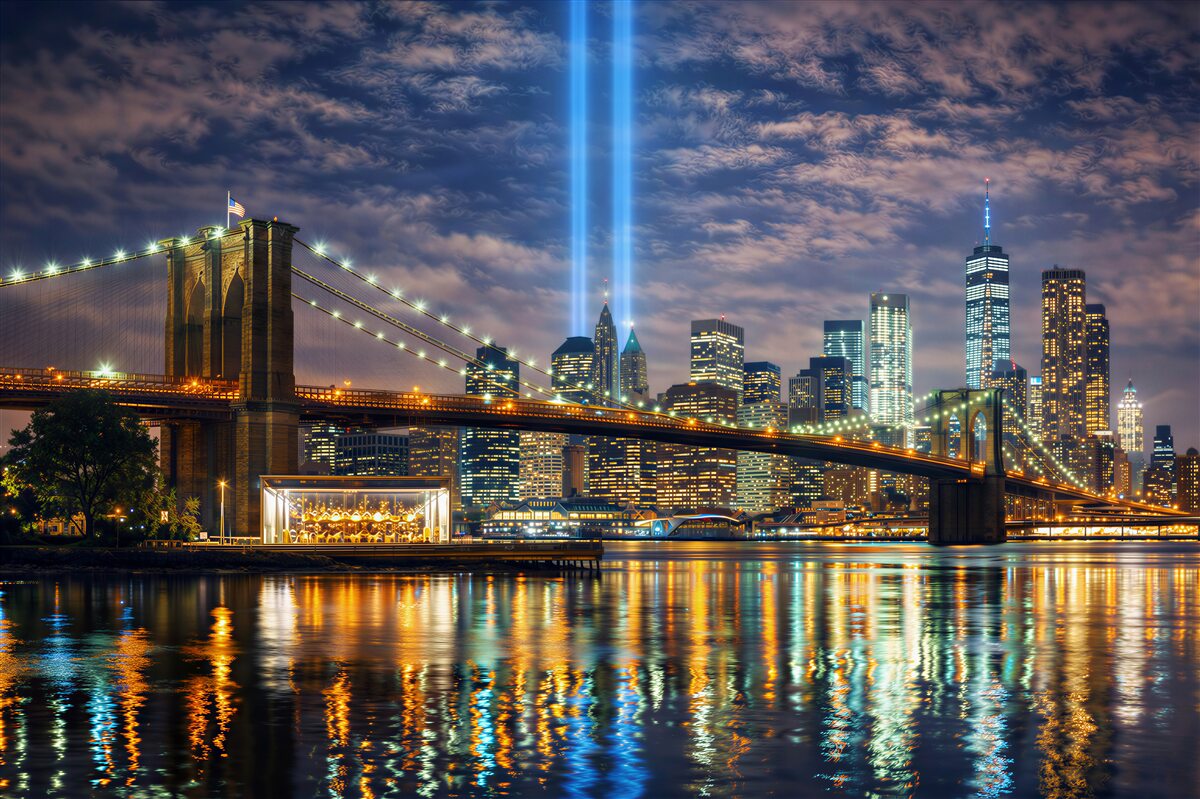Fototapeta nocny Nowy Jork z mostem Brooklyn i panoramą miasta