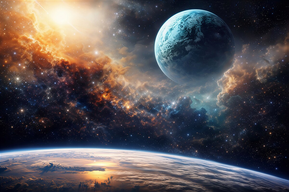Fototapeta kosmos z planetą i gwiazdami wśród mgławic