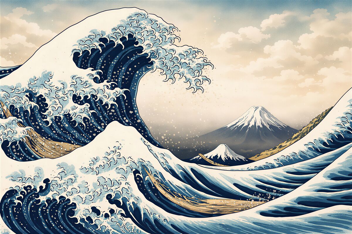 Fototapeta fale oceaniczne i góra w stylu japońskim