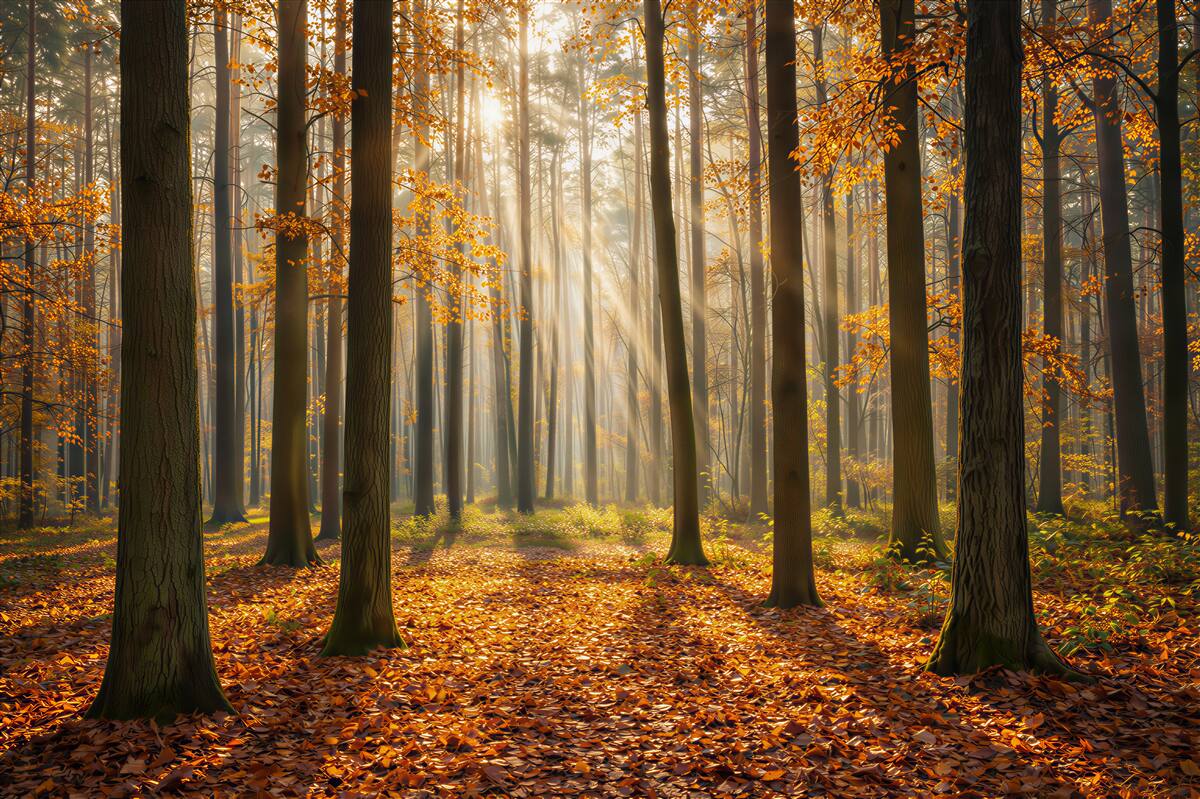 Fototapeta jesienny las ze smugami słońca ciepły naturalny krajobraz