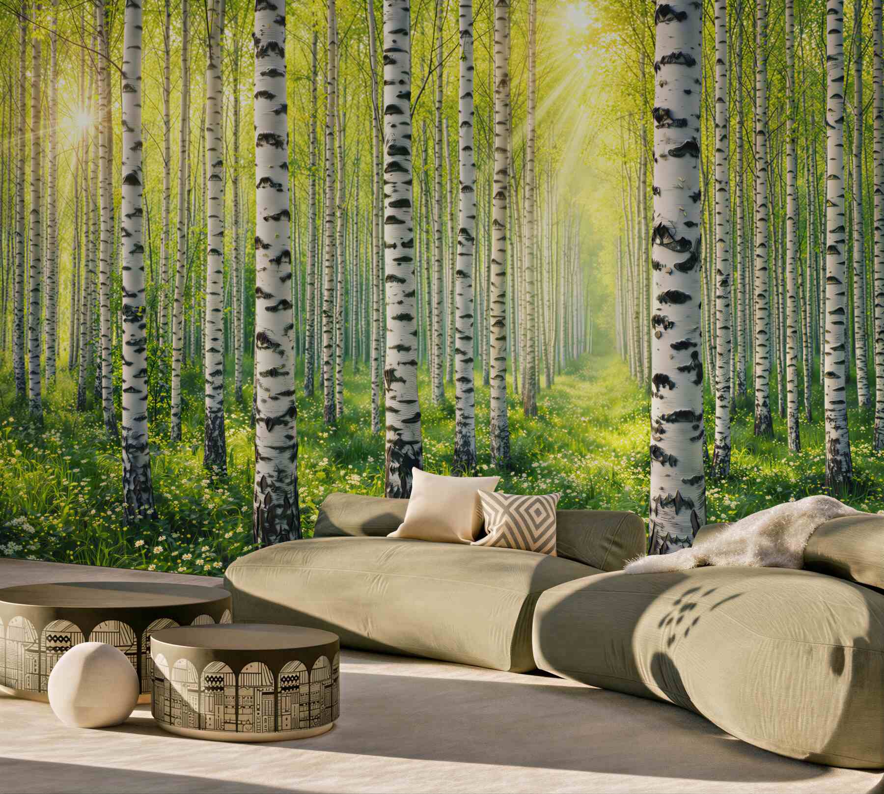 Fototapeta las brzozowy w promieniach słońca świeża wiosenna natura