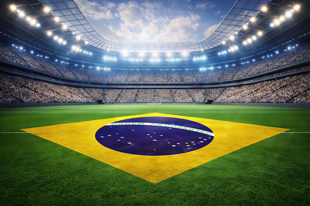Fototapeta stadion piłkarski z flagą Brazylii dynamiczna sportowa panorama