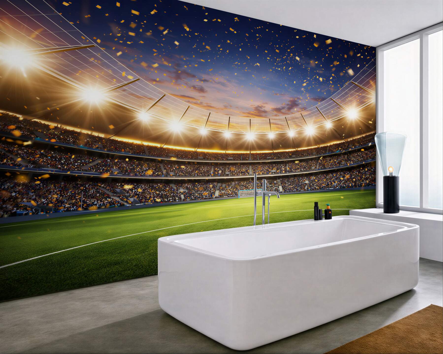 Fototapeta stadion piłkarski nocą z oświetleniem i konfetti