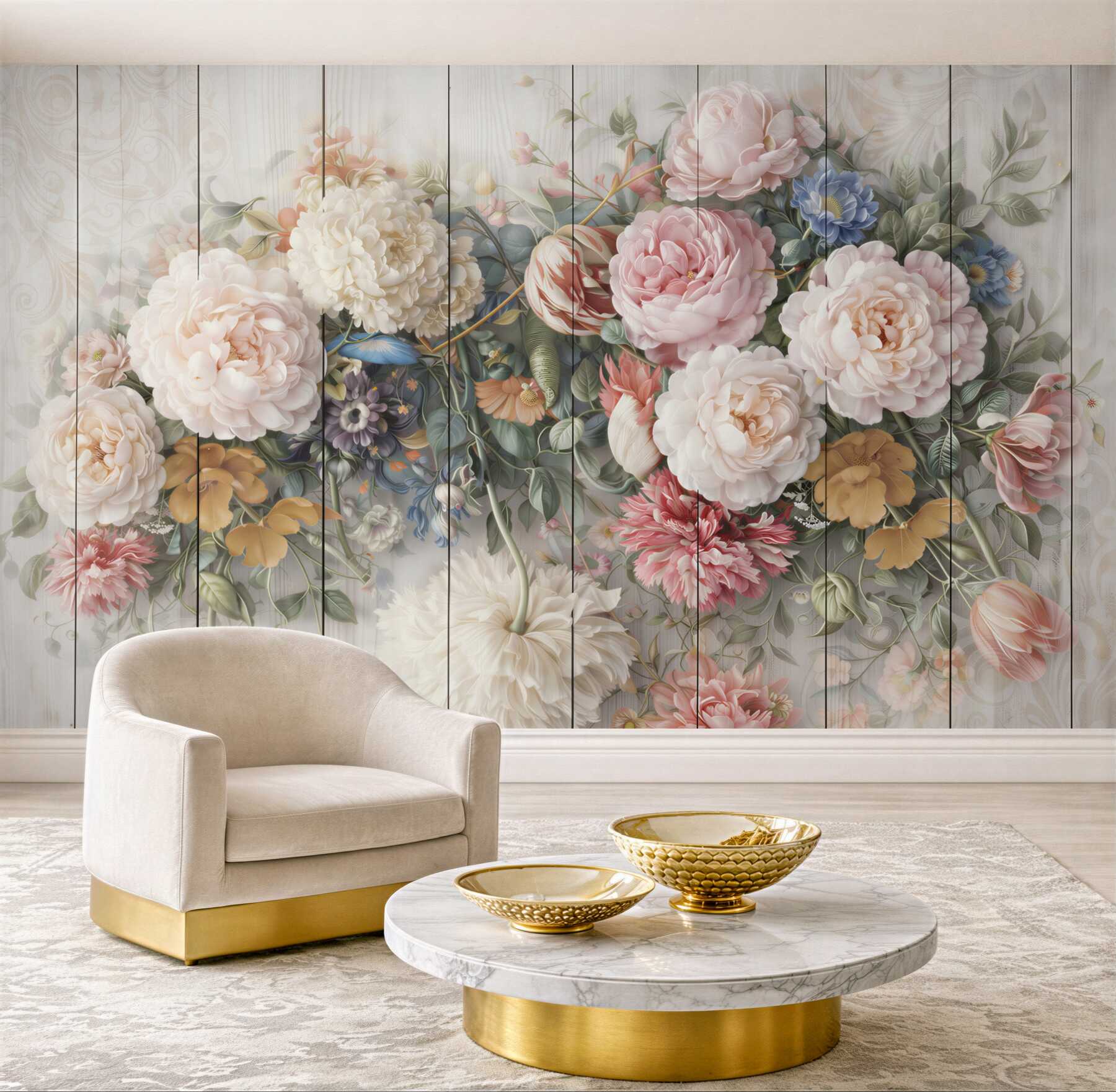 Fototapeta romantyczne kwiaty pastelowe na bielonym drewnie shabby chic