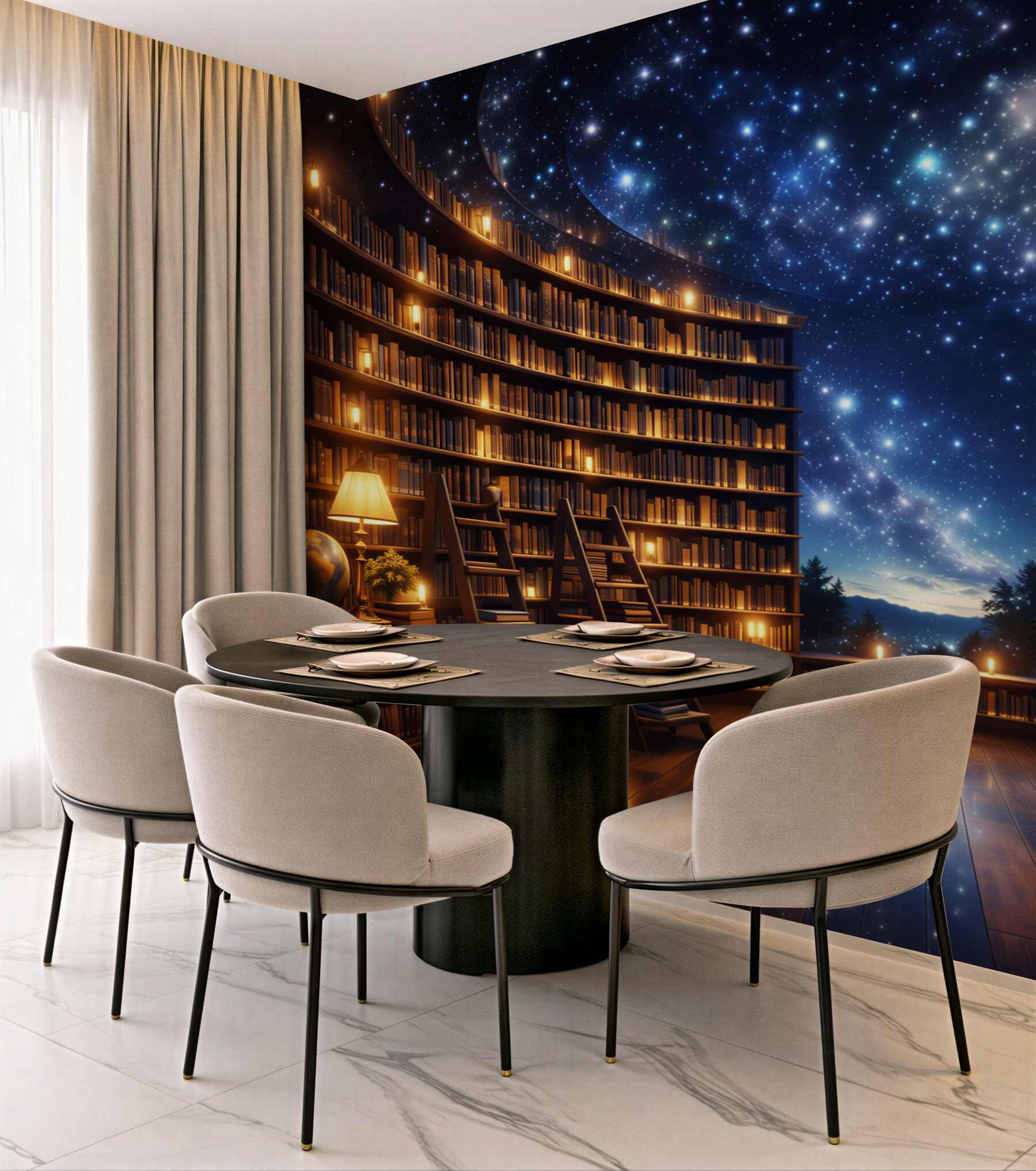 Fototapeta magiczna biblioteka pod gwiaździstym niebem przytulna i nastrojowa