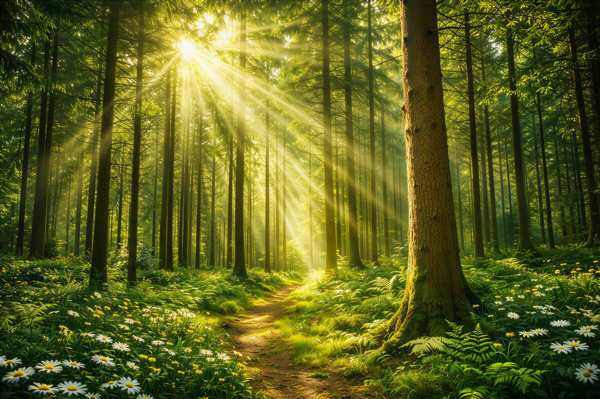 Fototapeta leśna ścieżka w promieniach słońca zielona naturalna