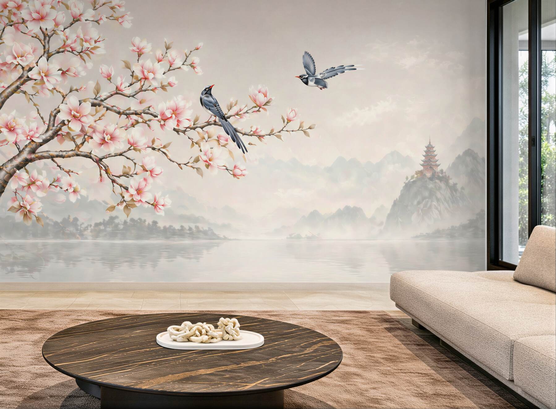 Fototapeta kwitnąca magnolia z ptakami nad jeziorem w orientalnym stylu