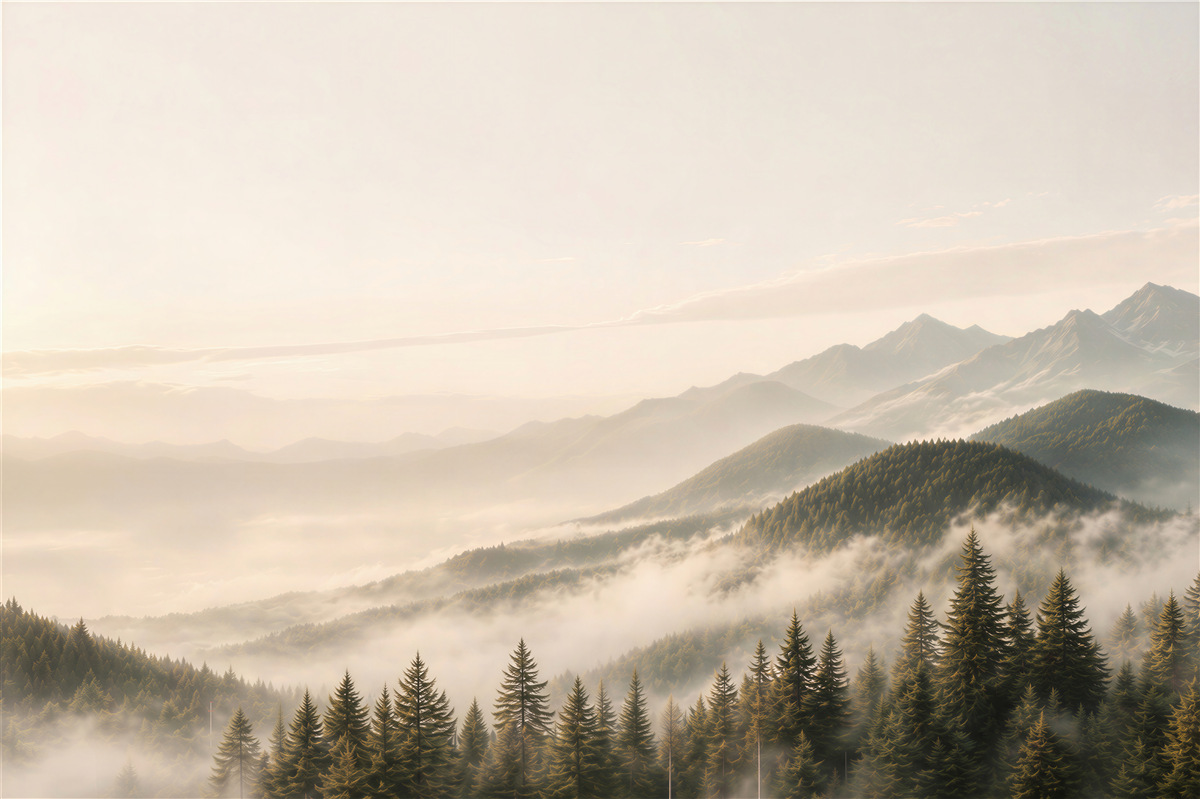 Fototapeta góry i las we mgle o wschodzie słońca spokojna panorama