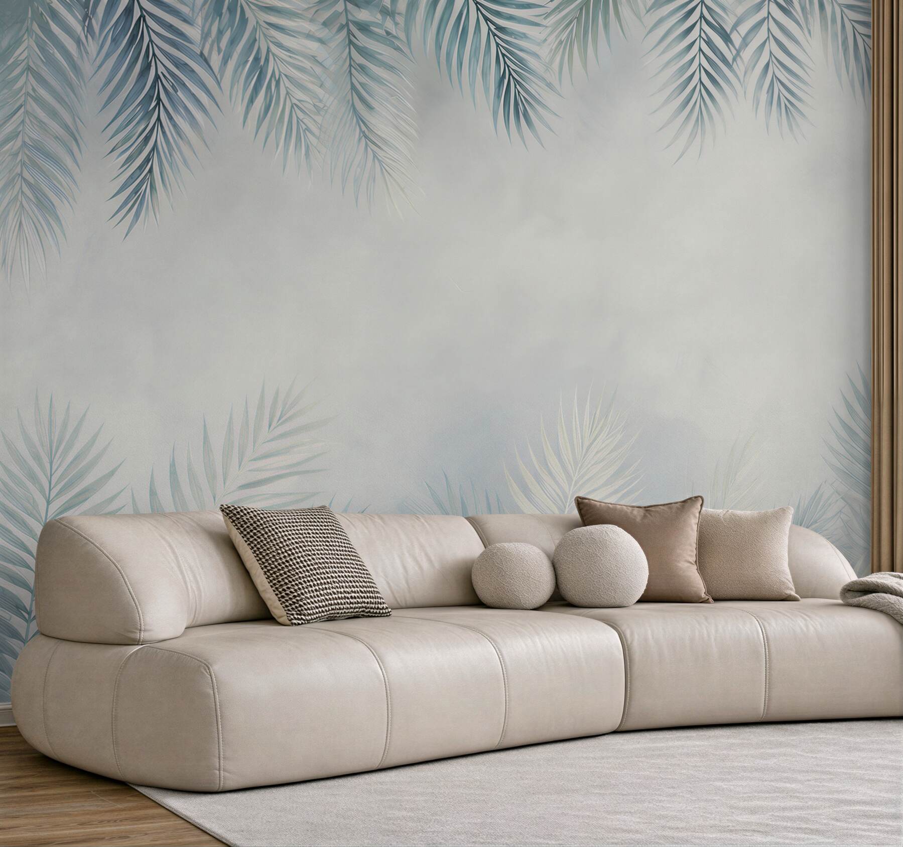 Fototapeta liście palmowe błękitne na jasnym tle w stylu tropical