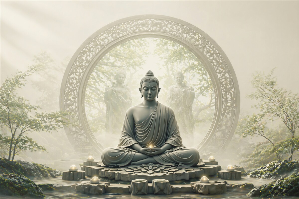 Fototapeta Budda w medytacji w mistycznym ogrodzie zen