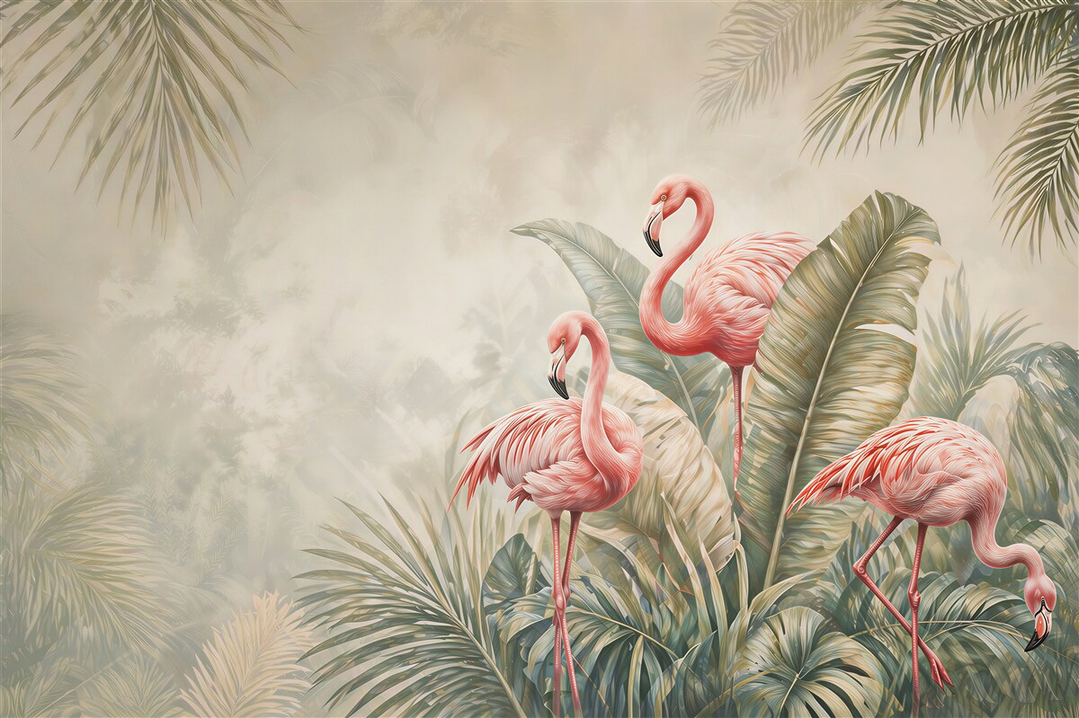 Fototapeta flamingi w tropikalnych liściach zielono różowa egzotyczna