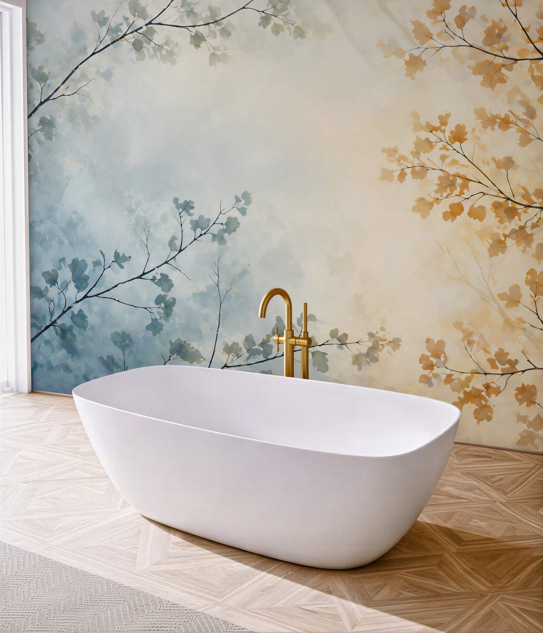 Fototapeta delikatne gałązki liści w błękitno złotych tonach