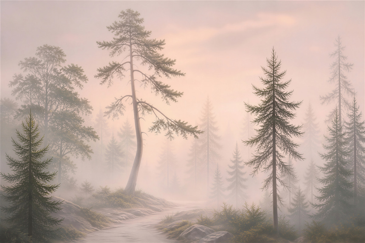 Fototapeta sosnowy las we mgle o świcie pastelowy krajobraz
