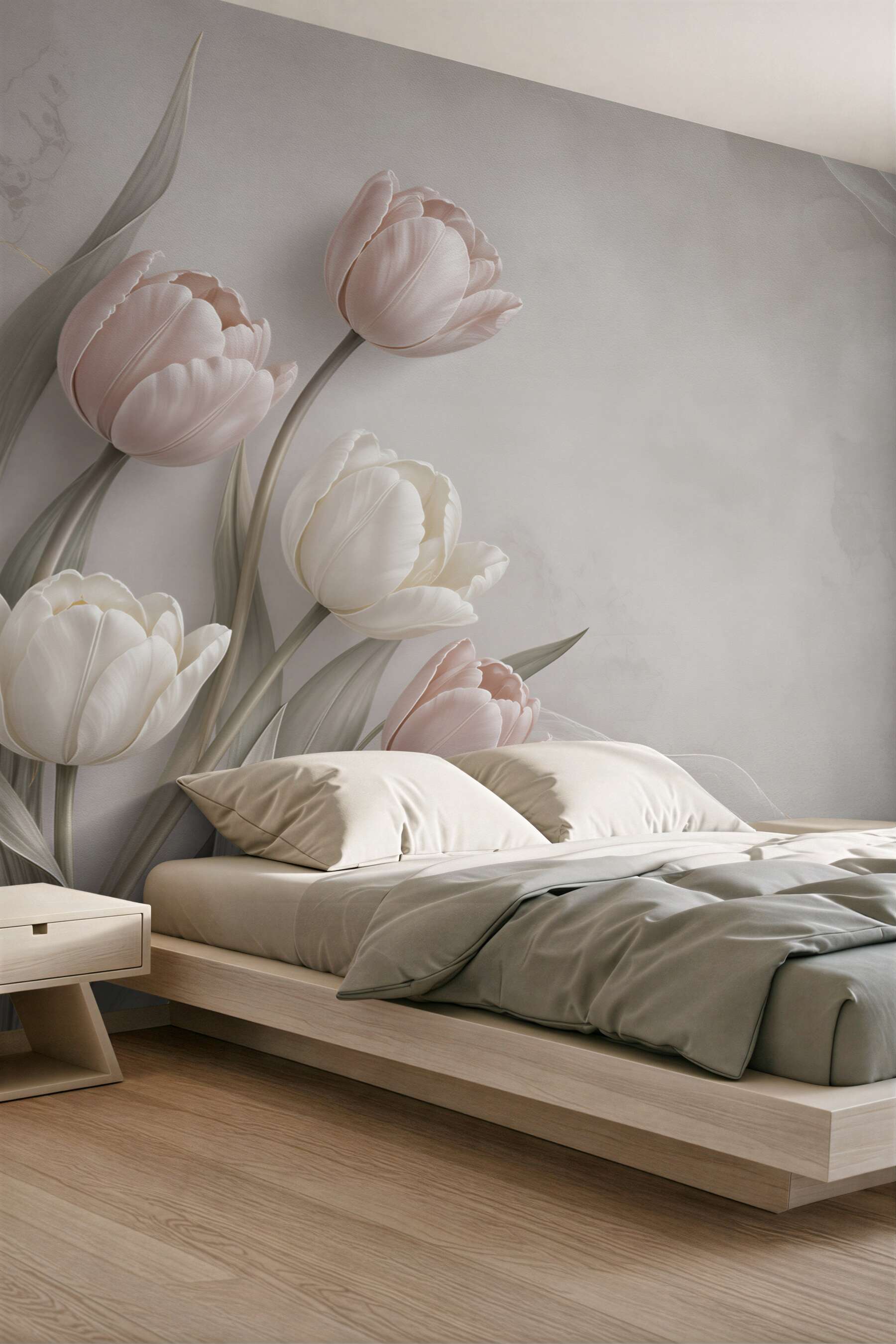 Fototapeta tulipany pudrowy róż i biel na beżowym tle elegancka