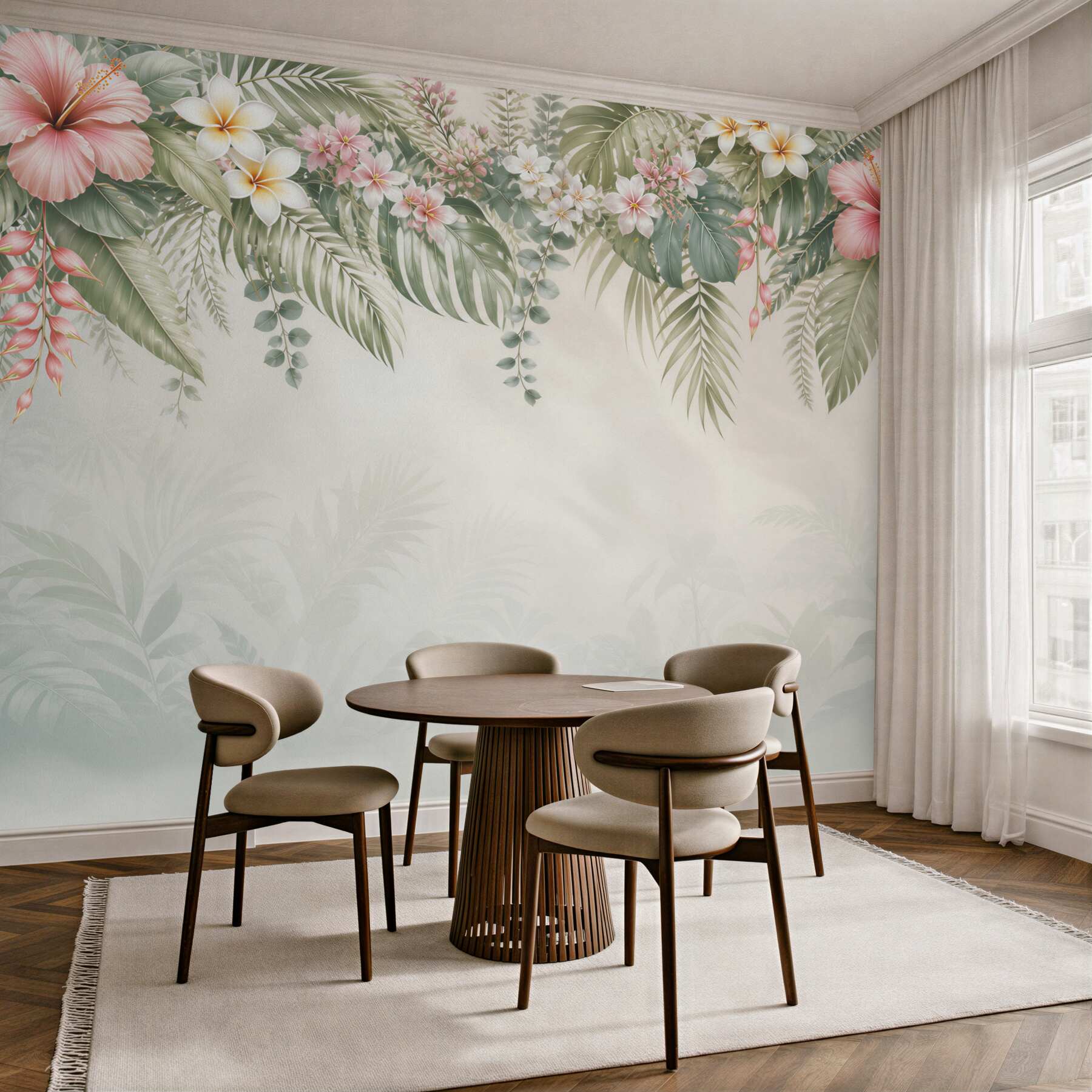 Fototapeta kwiaty hibiskusa i liście tropikalne pastelowa dżungla