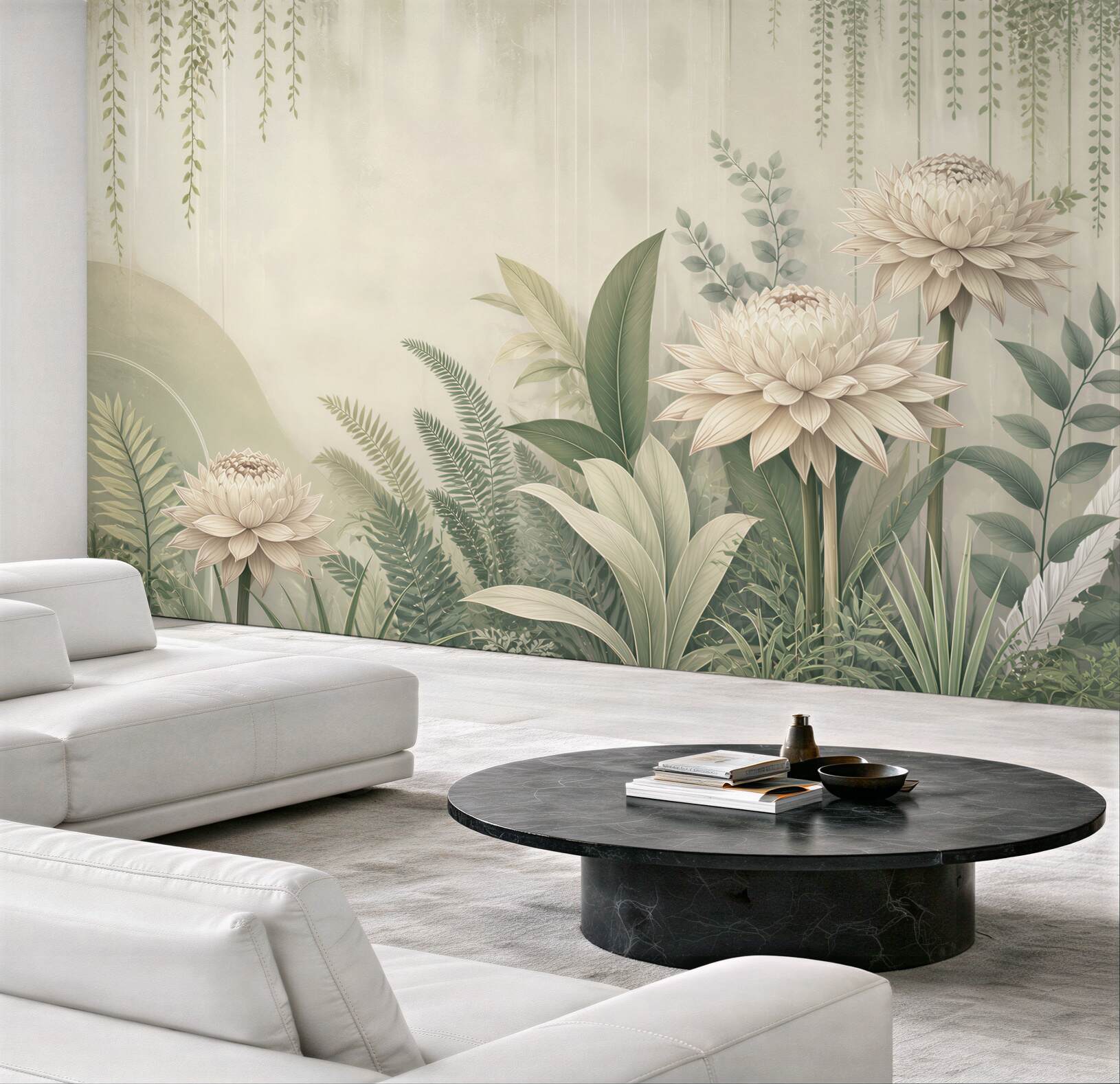 Fototapeta kremowe kwiaty i zielone liście w botanicznym stylu