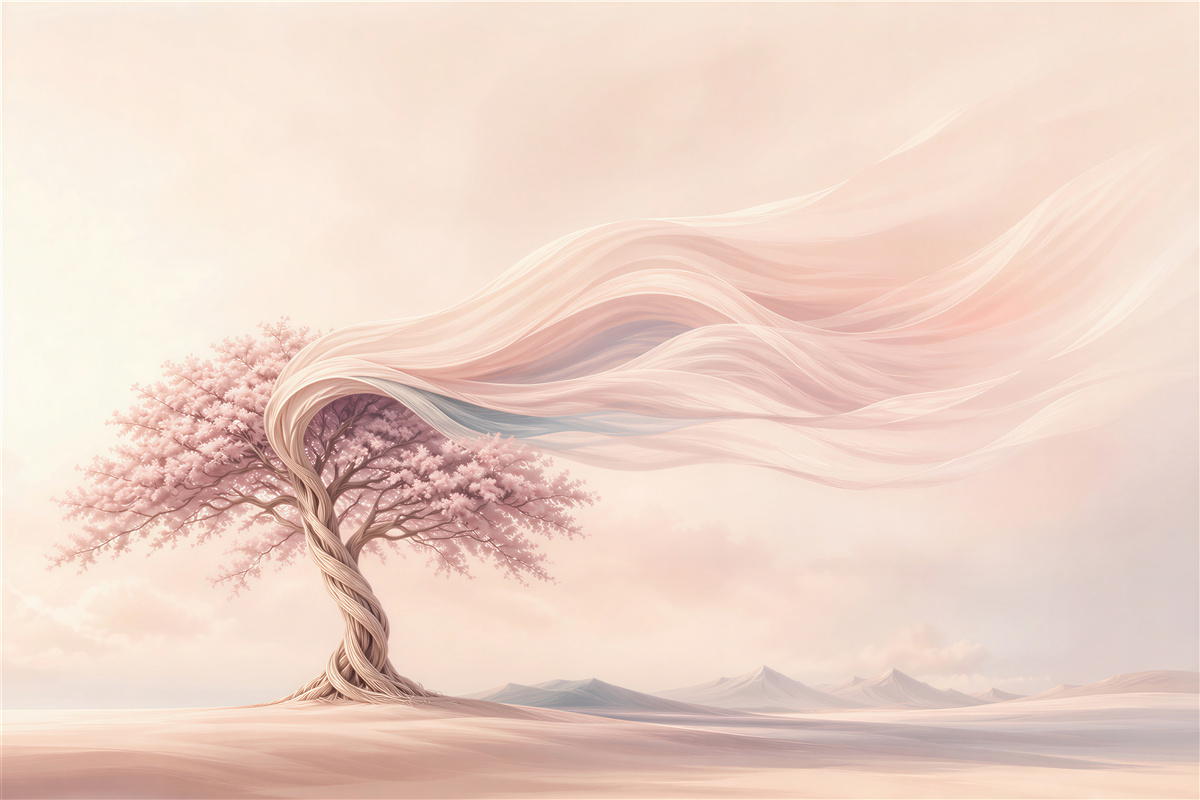 Fototapeta różowe drzewo fantasy na pastelowym krajobrazie