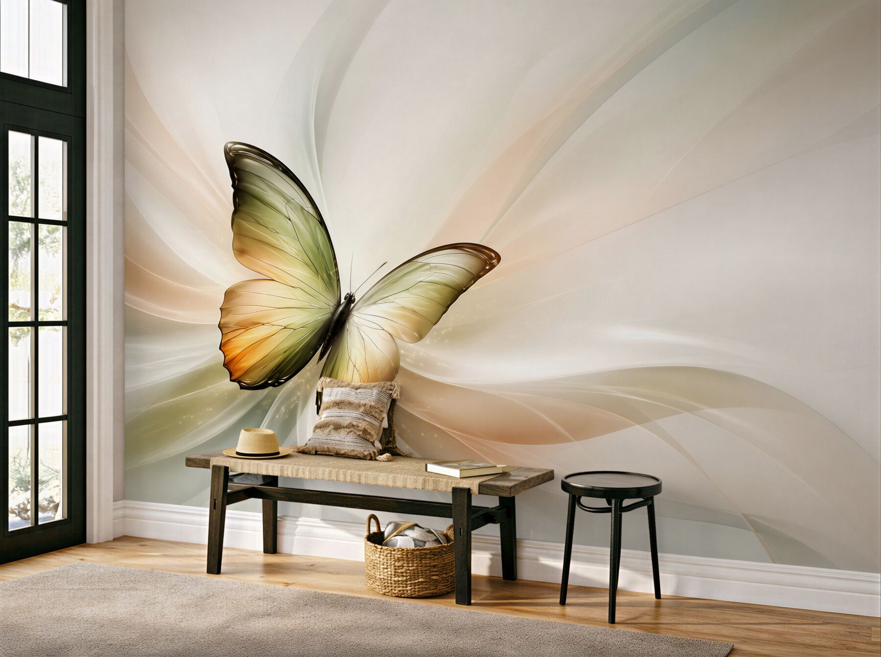 Fototapeta motyl abstrakcyjny w beżowo zielonych tonach elegancka