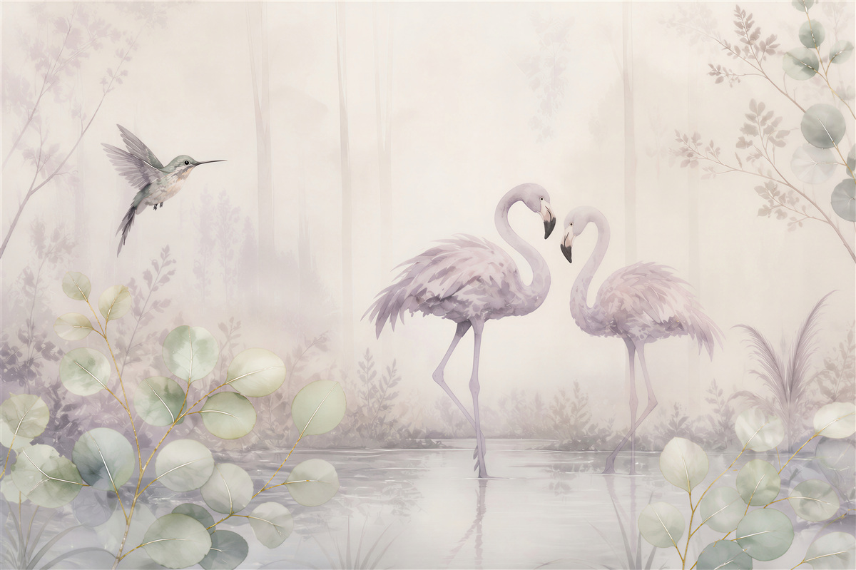 Fototapeta flamingi i koliber pastelowe w leśnej scenerii