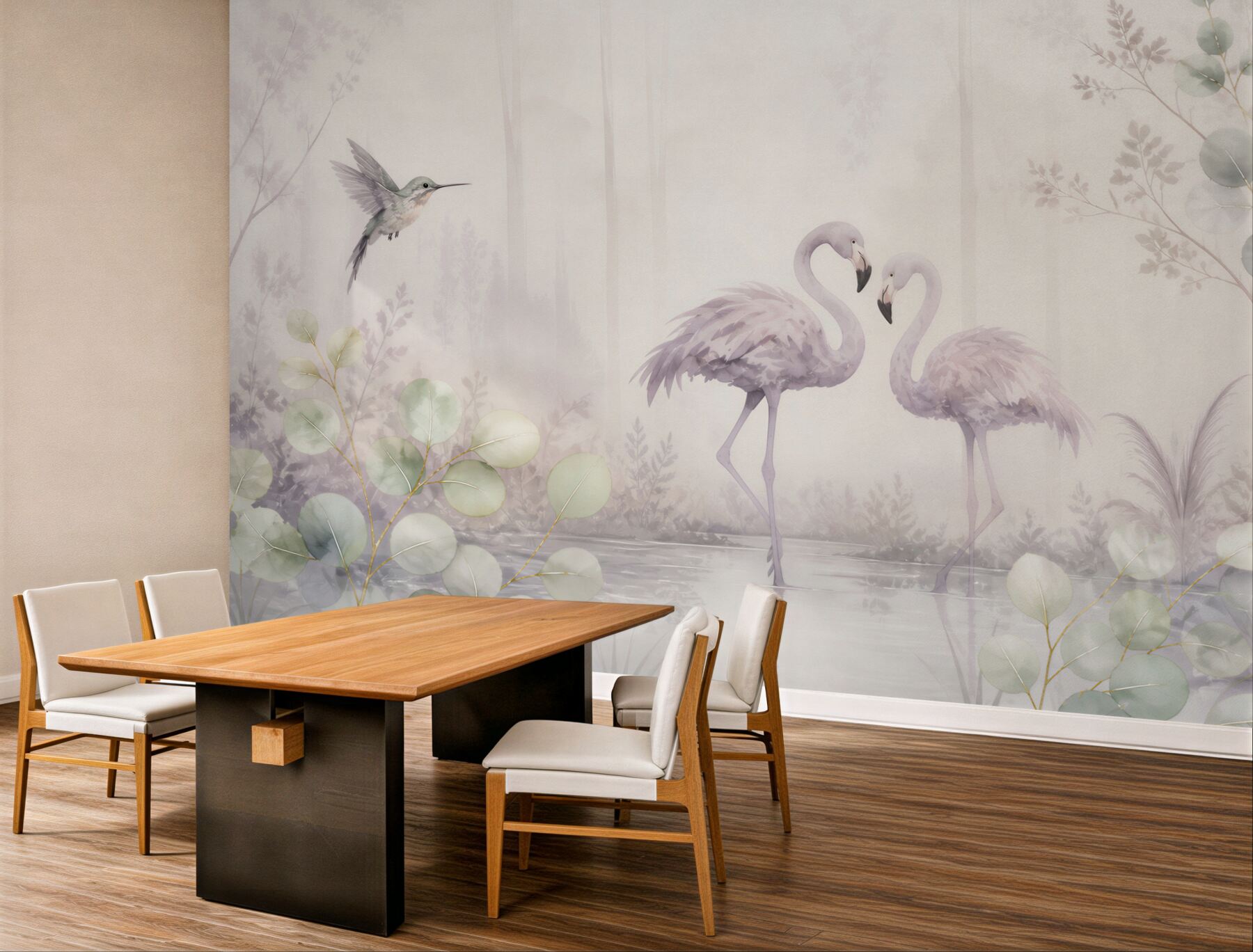 Fototapeta flamingi i koliber pastelowe w leśnej scenerii