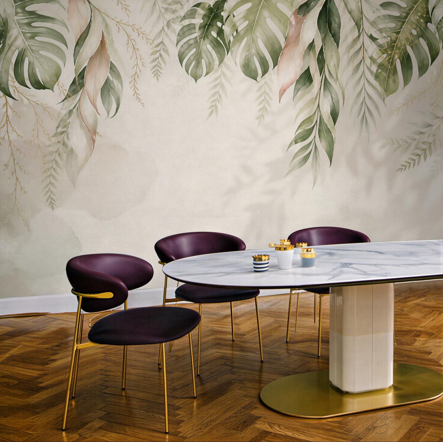 Fototapeta liście tropikalne monstera i palma beżowo zielone eleganckie