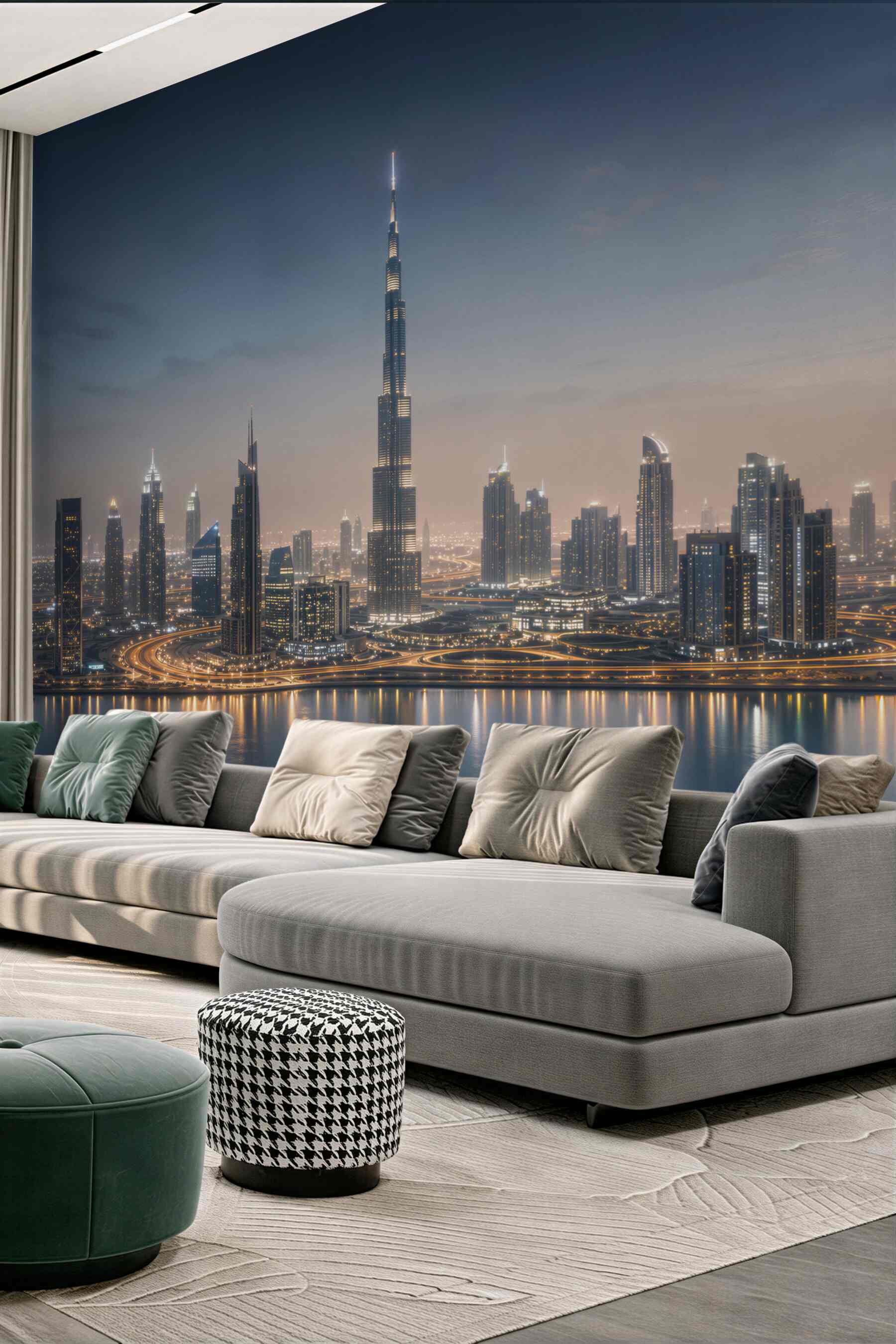 Fototapeta panorama Dubaju nocą z drapaczami chmur nad wodą