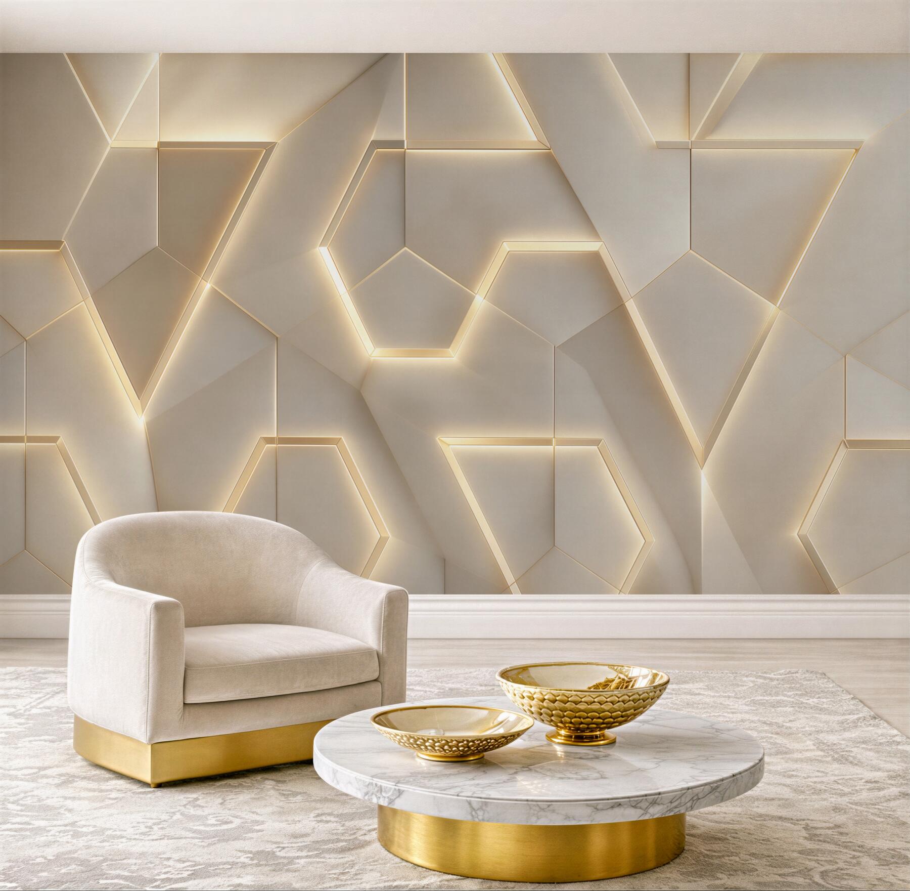 Fototapeta geometryczne panele 3D beżowe z podświetleniem led nowoczesne