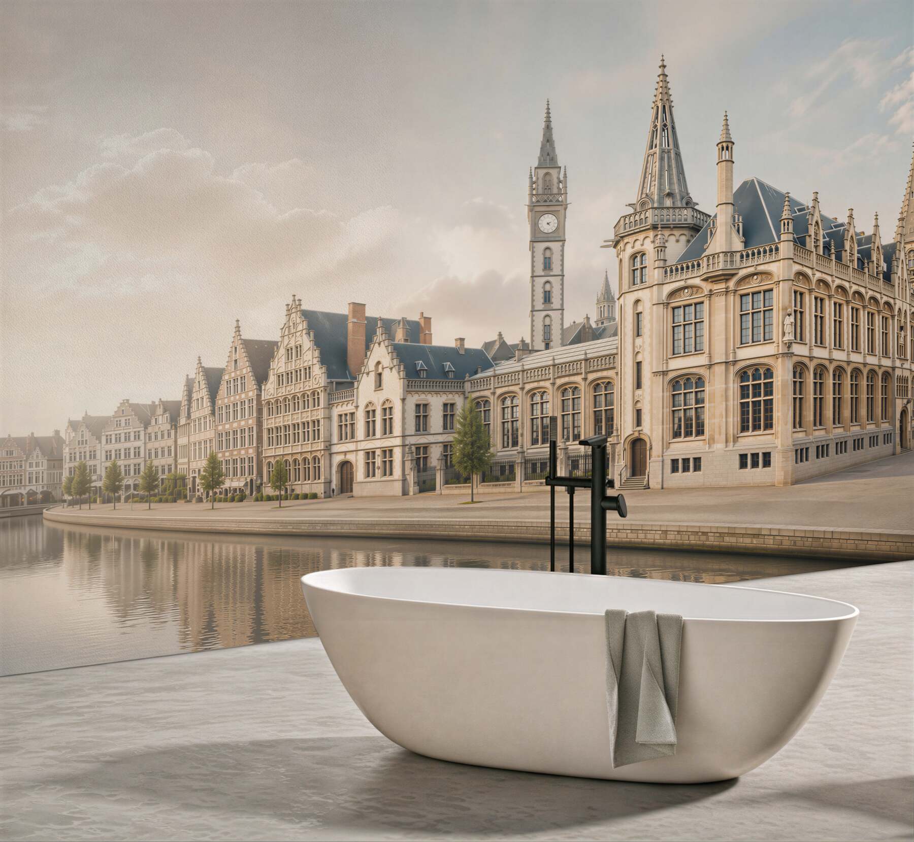 Fototapeta zabytkowa architektura nad kanałem eleganckie kamienice w jasnych beżach