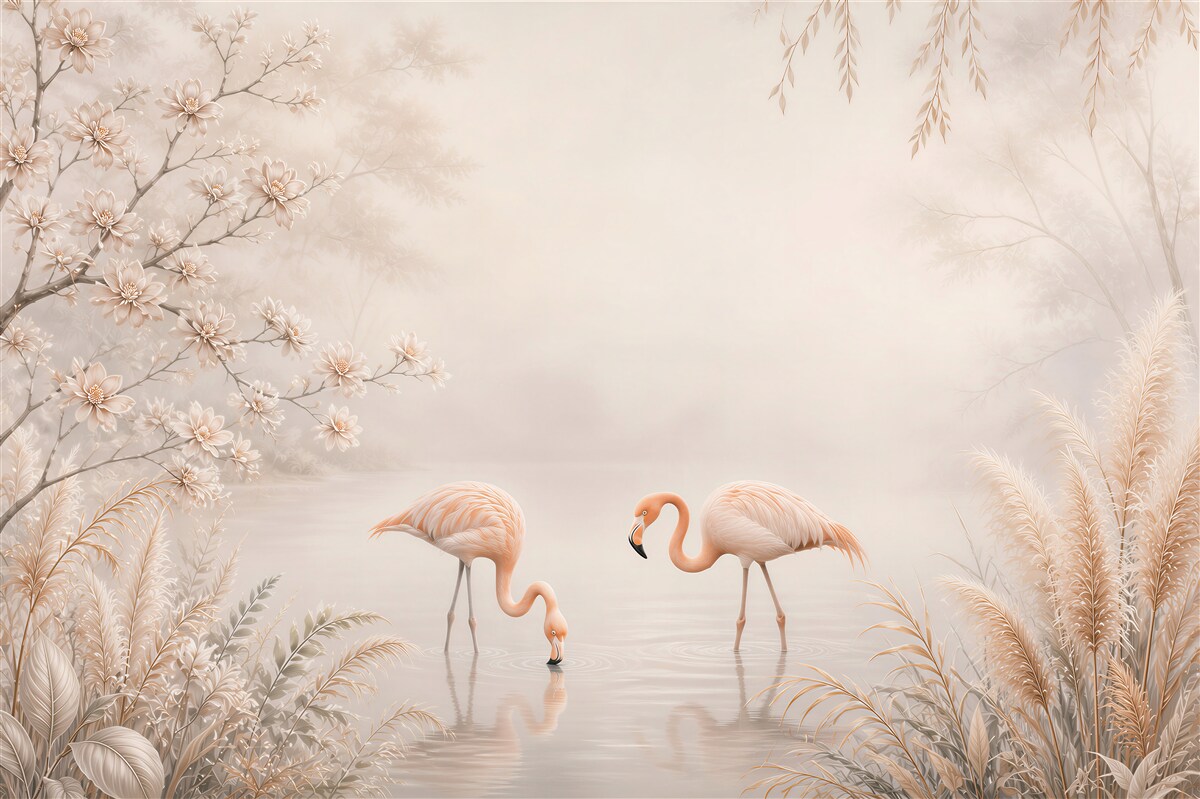 Fototapeta dwa flamingi nad jeziorem w beżowej scenerii kwiatowej