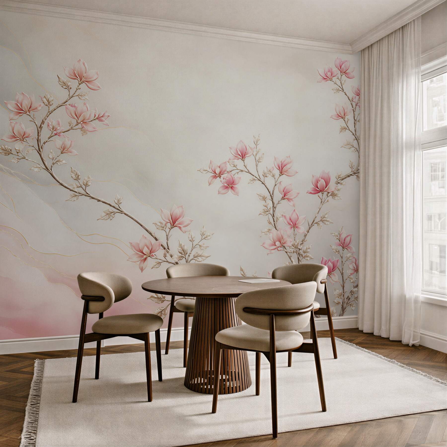 Fototapeta gałązki magnolii różowe z delikatnymi złotymi liniami