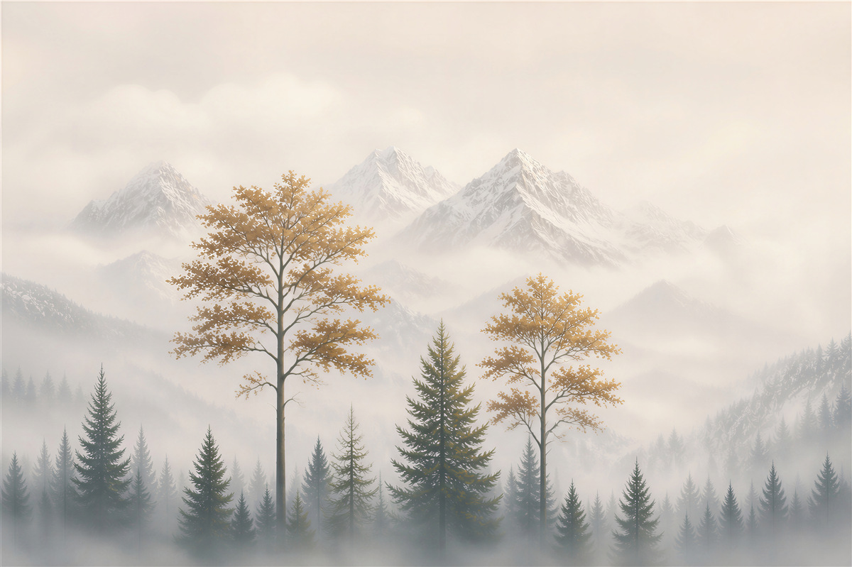 Fototapeta góry we mgle z lasem i złotymi drzewami spokojna