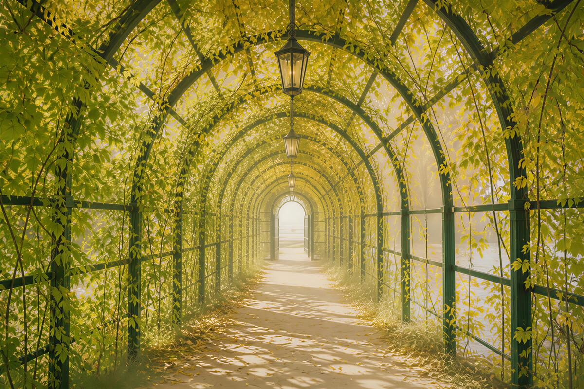 Fototapeta zielony tunel z pnączy i lampionów romantyczna alejka